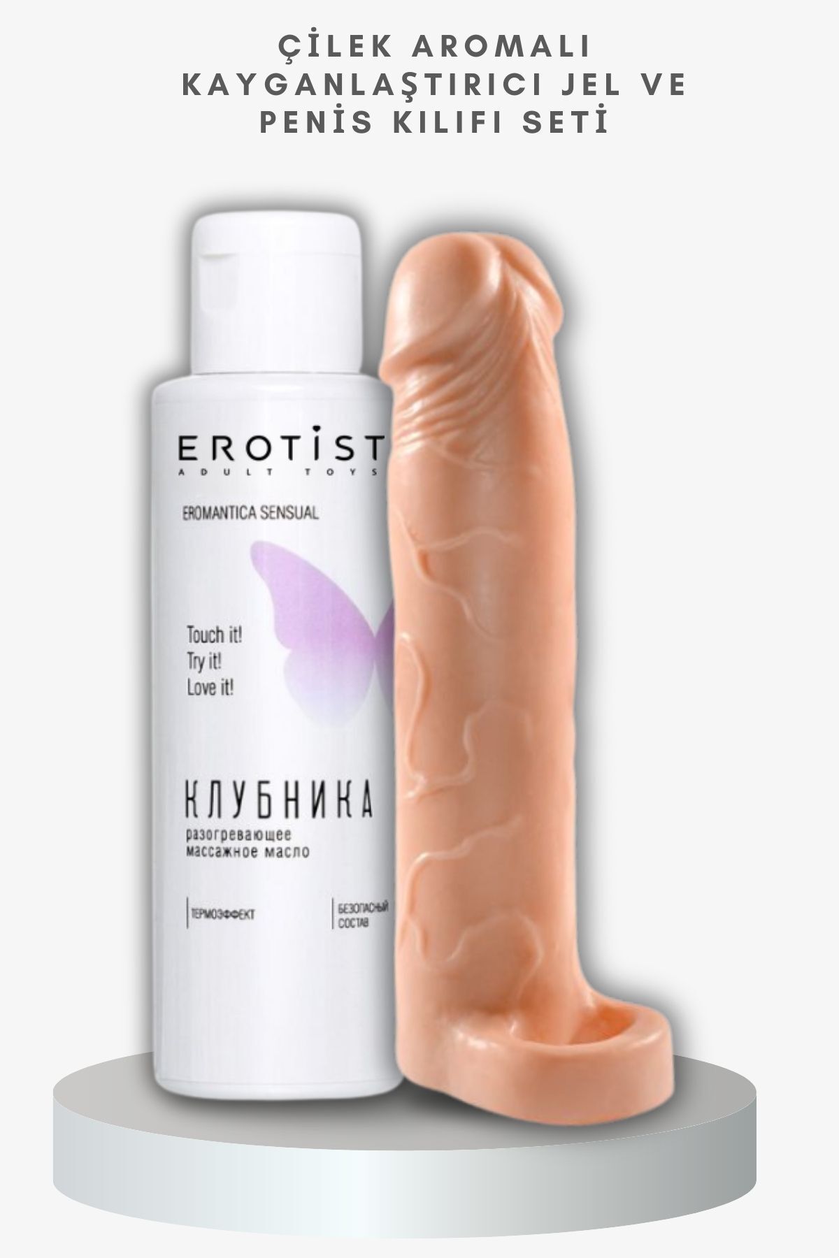 Erotist Çilek Aromalı Kayganlaştırıcı Jel ve Ayarlanabilir Uzunluk Özellikli Premium Penis Kılıfı Seti