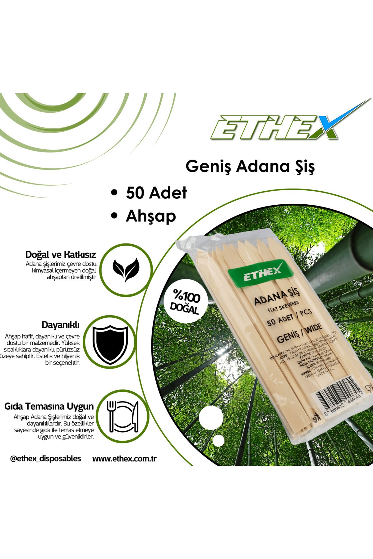 Ethex Geniş Adana Şiş - (50 ADET, 5 PAKET, TOPLAM 250 ADET)