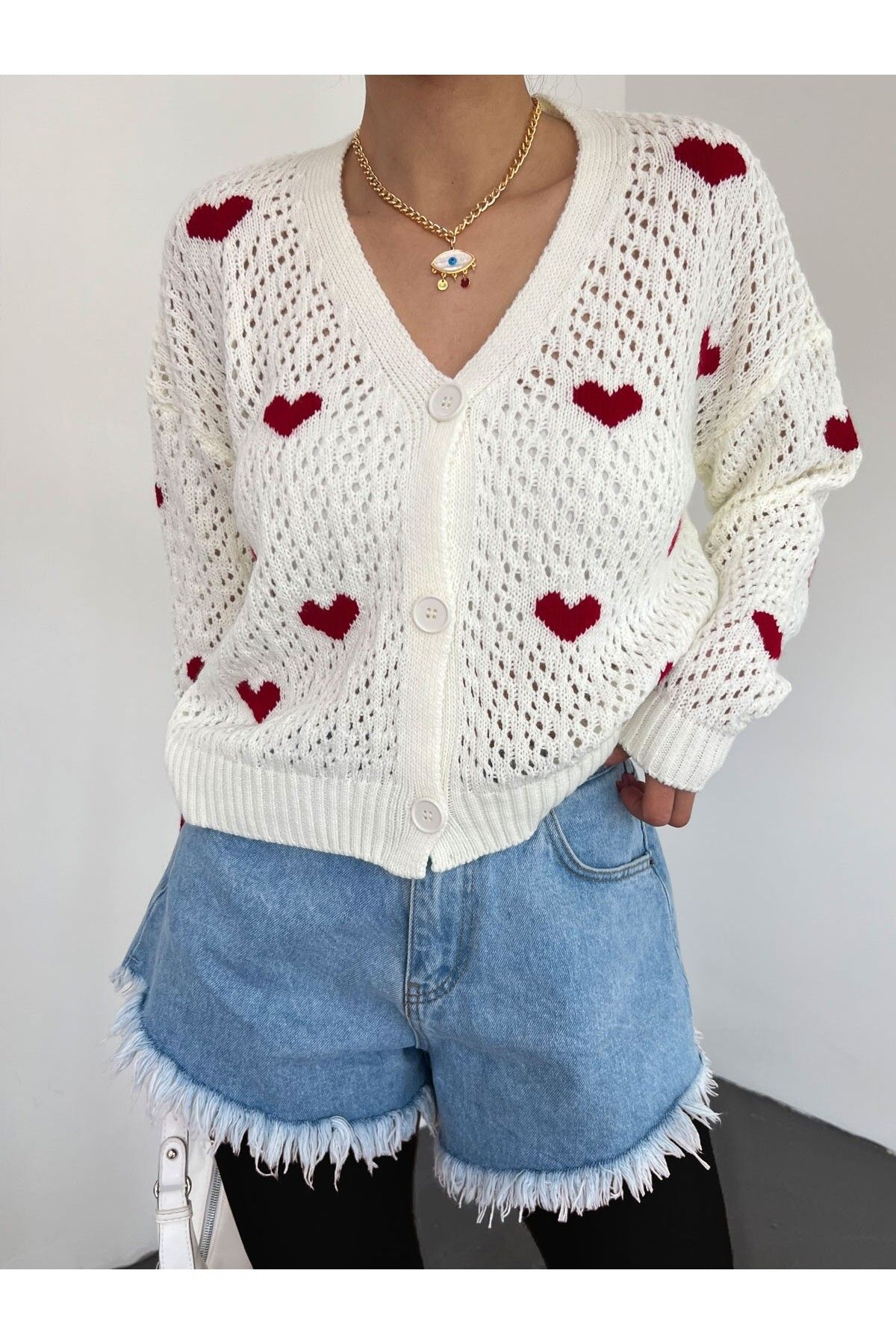 Modamorfo-Heart Pattern Buttoned Openwork Knitted Cardigan 3