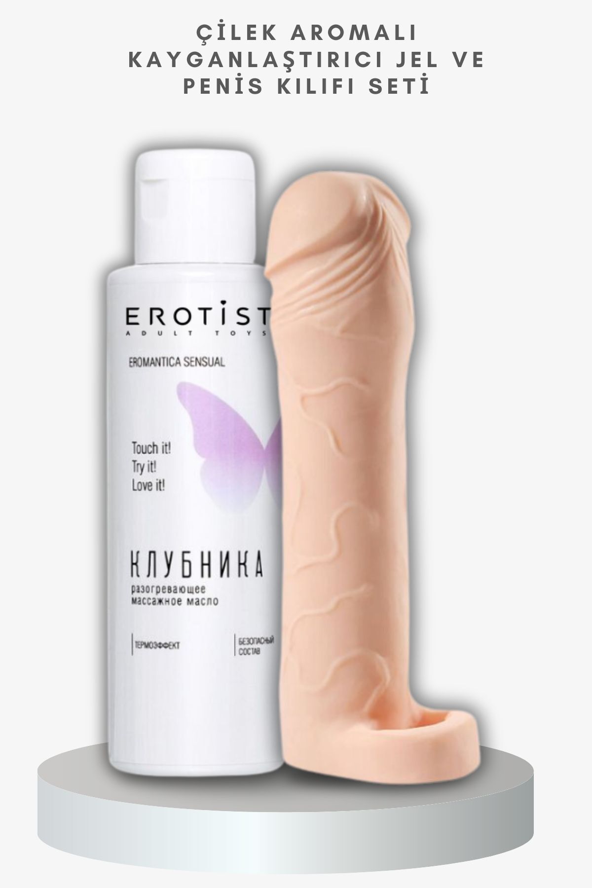 Erotist Çilek Aromalı Kayganlaştırıcı Jel ve Ayarlanabilir Uzunluk Özellikli İribaş Penis Kılıfı Seti