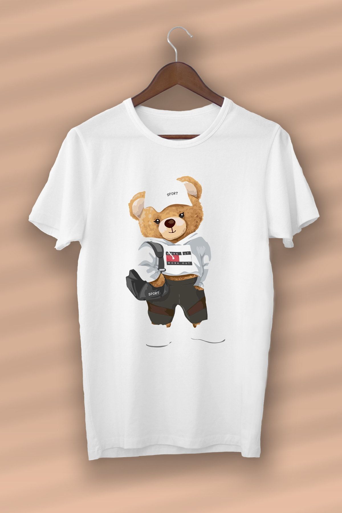 ELNOYA Teddy Bear - Sport Cool Baskılı Organik Pamuk Beyaz Unisex T-shirt