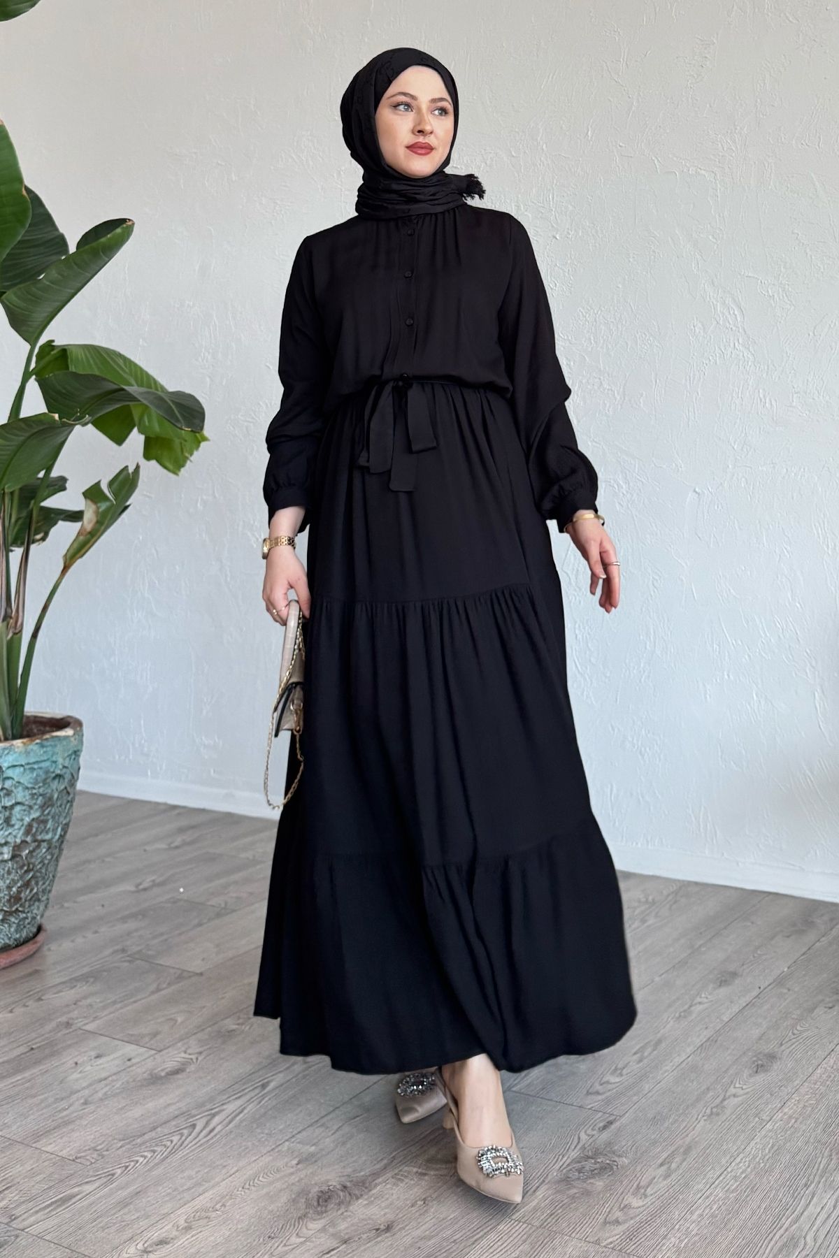 InStyle Kuşaklı Belmando Siyah Elbise