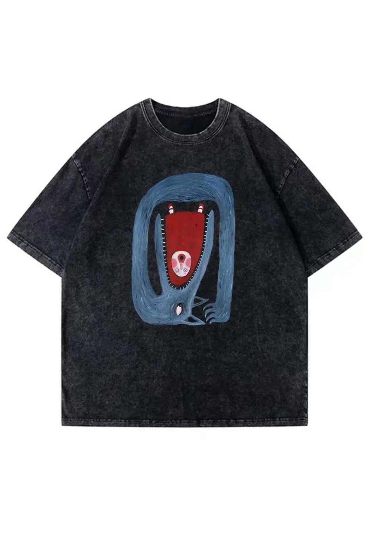 Touz Moda-Washed Wolf and Little Red Riding Hood Oversize Vintage T-Shirt 1