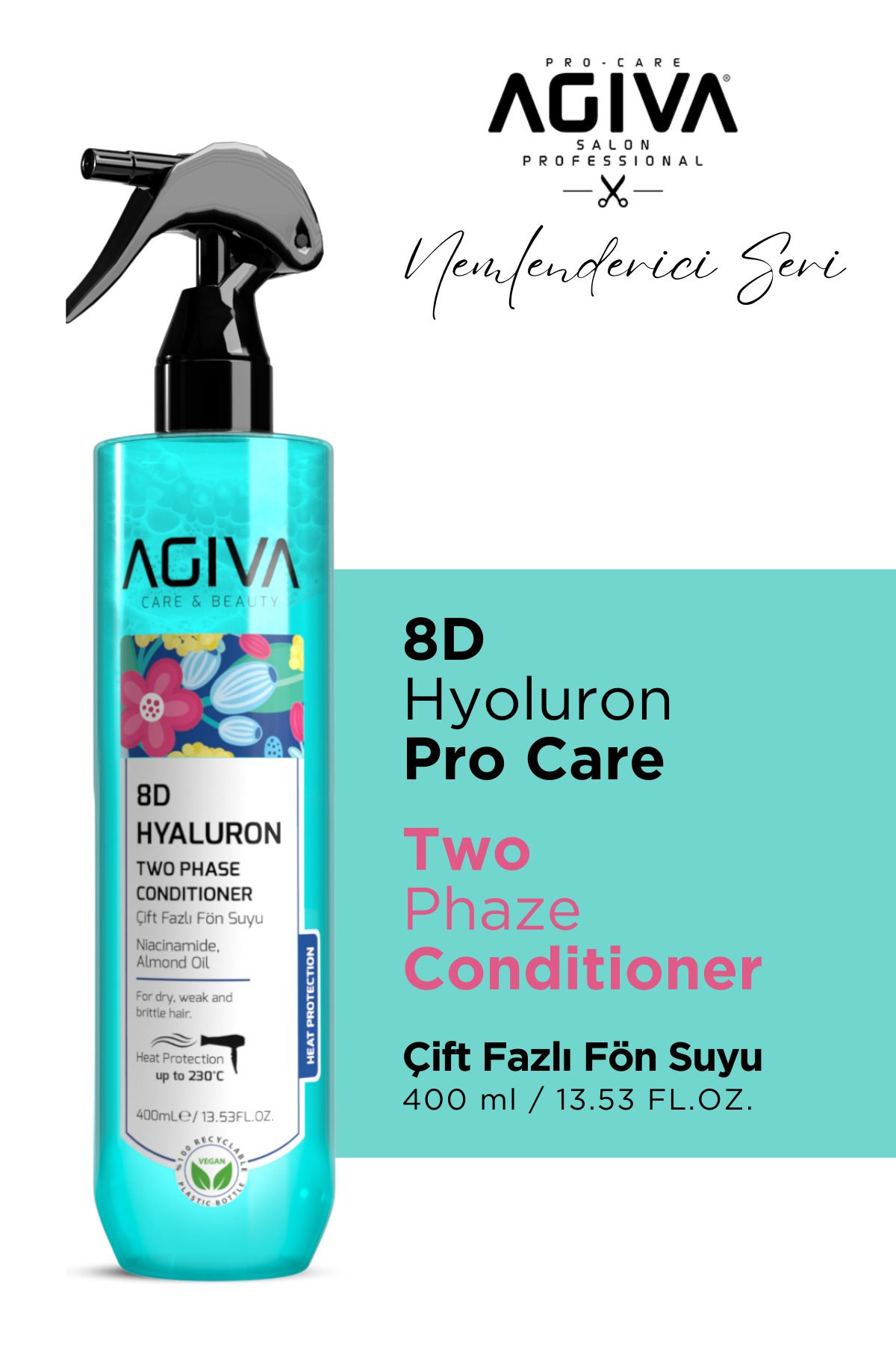 Agiva 8D Hyaluron Pro Care Niacinamid, Badem Yağı İçeren Çift Fazlı Fön Suyu – 400 ml