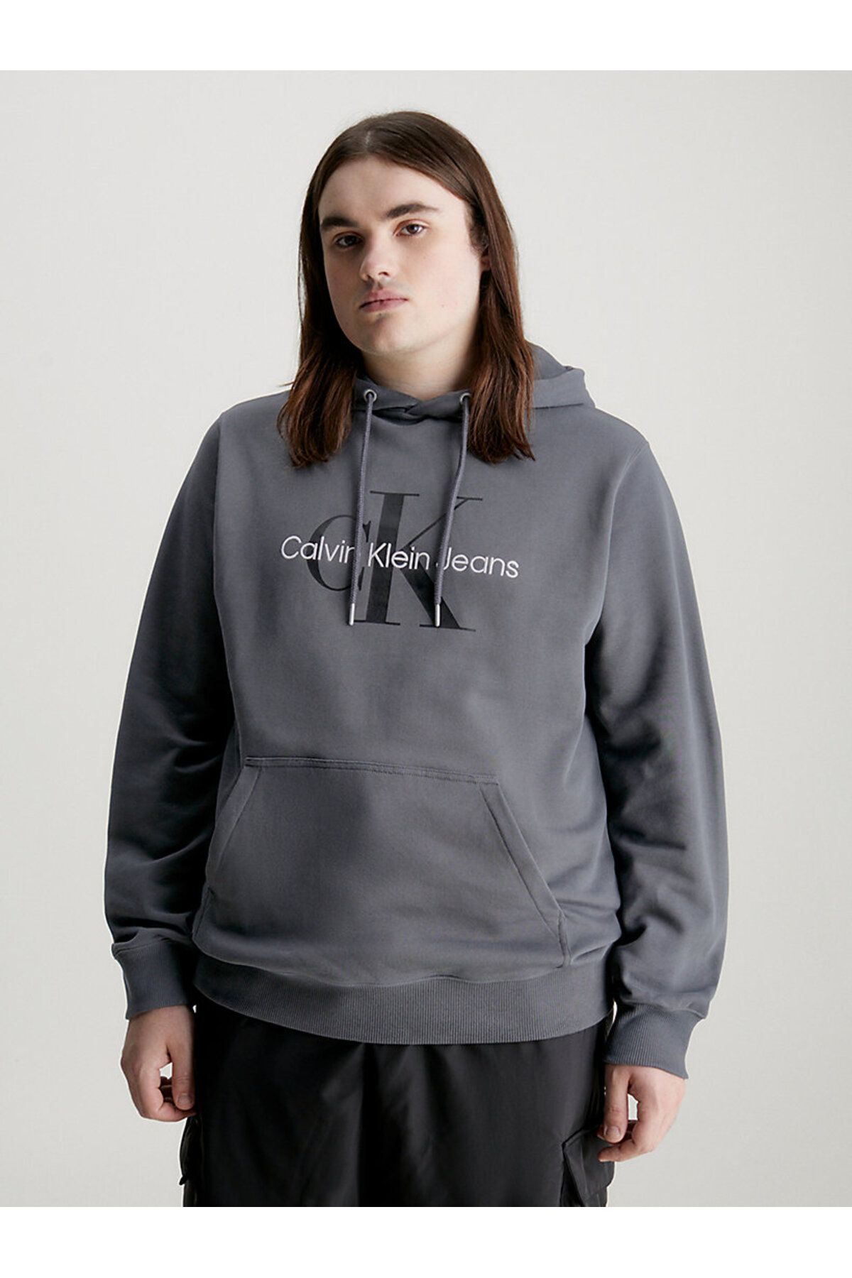 سویشرت خاکستری مردانه کاپوت معمولی مونولوگ فصلی اورجینال Calvin Klein