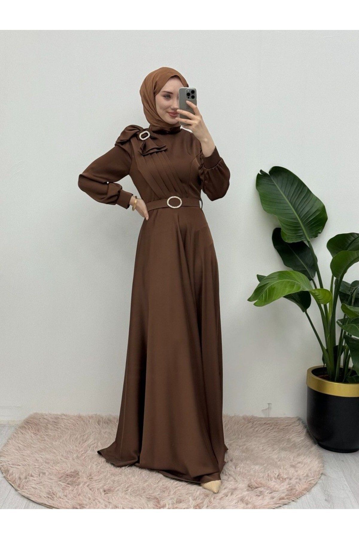 Modamorfo-Satin Evening Dress with Brooch and Bow and Stone Belt -Brown 3