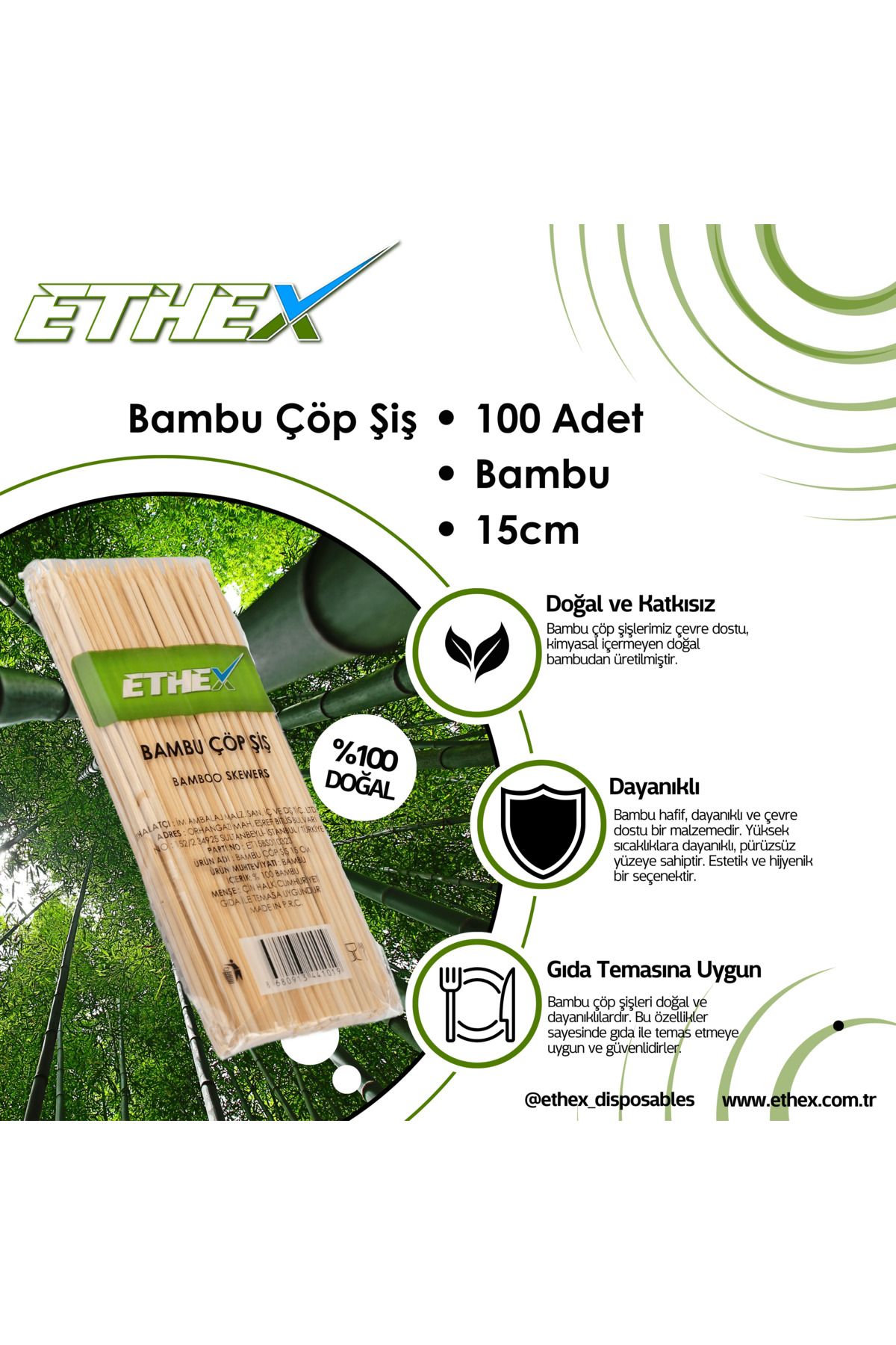 Ethex Bambu Çöp Şiş - (15 CM, 100 ADET, 2 PAKET, TOPLAM 200 ADET)