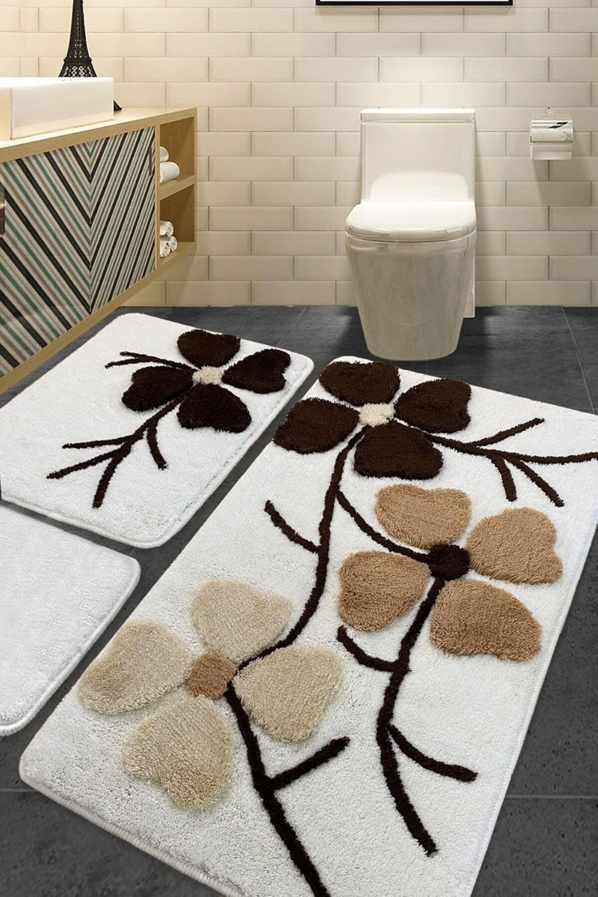 STOREMAX htpshopmx Kır Çiçeği Bej 3lü Set Klozet Takımı, Banyo Paspas Seti Halısı str http 1092444