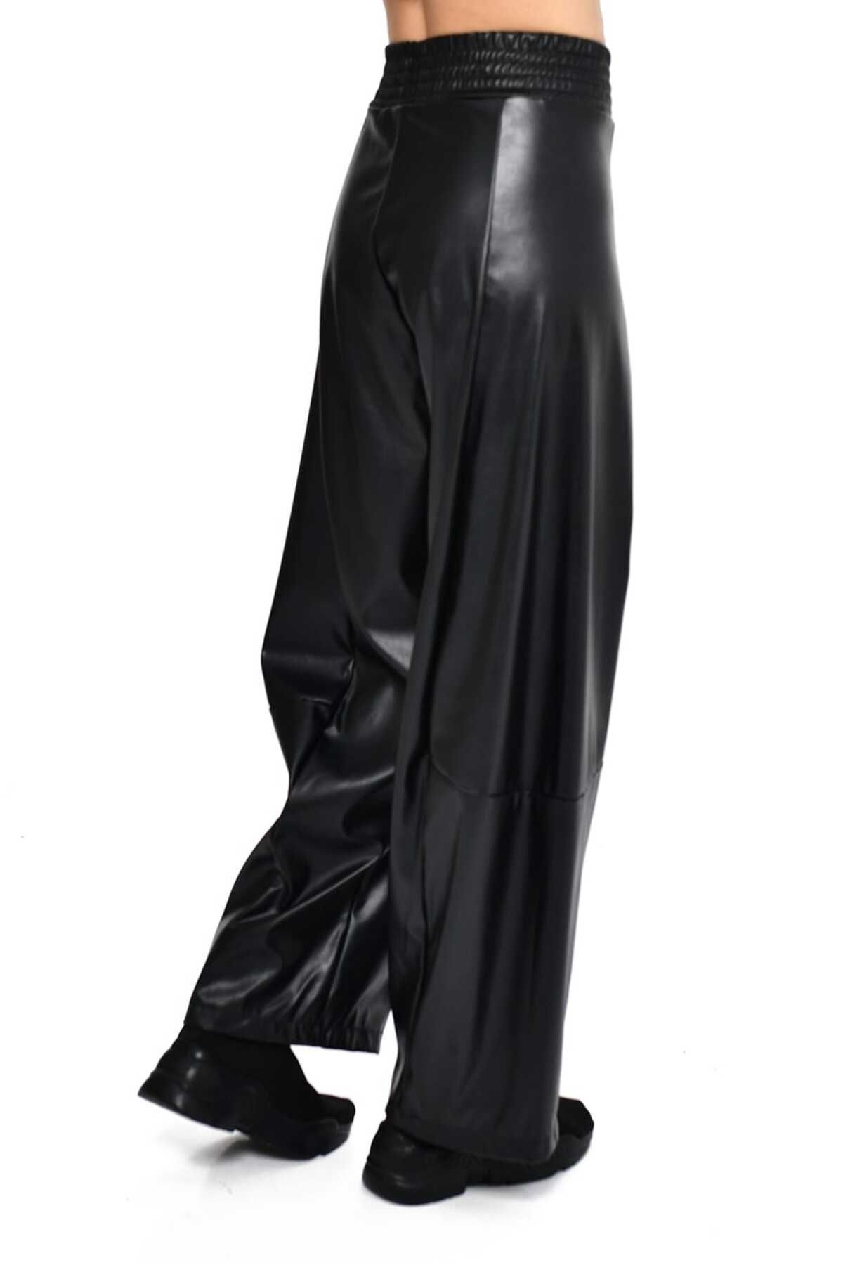 DQMANE-Women's Faux Leather Pants Black Elastic Waist Thick Belt Wide Leg Comfortable Fit 4