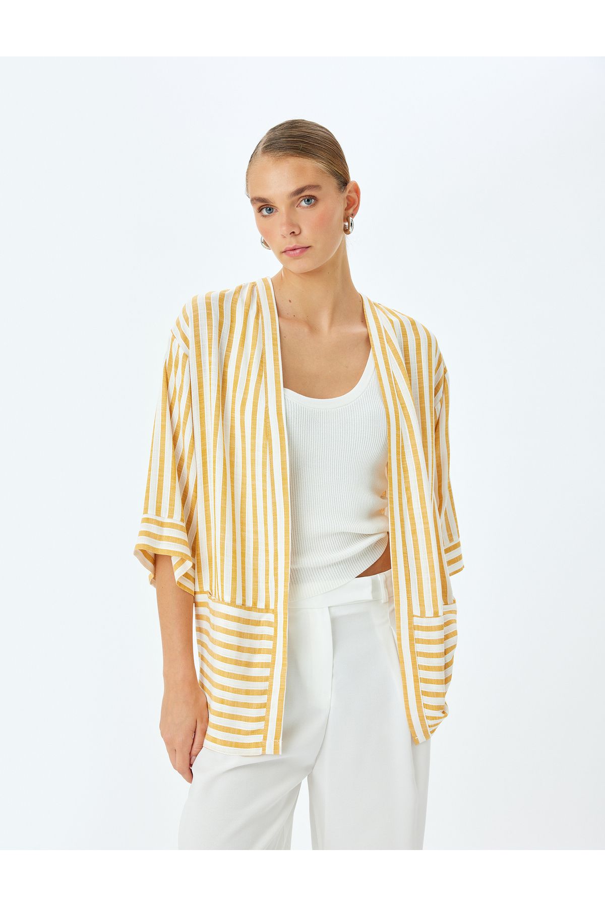 Koton-3/4 Wide Sleeve Pocket Striped Viscose Kimono 2