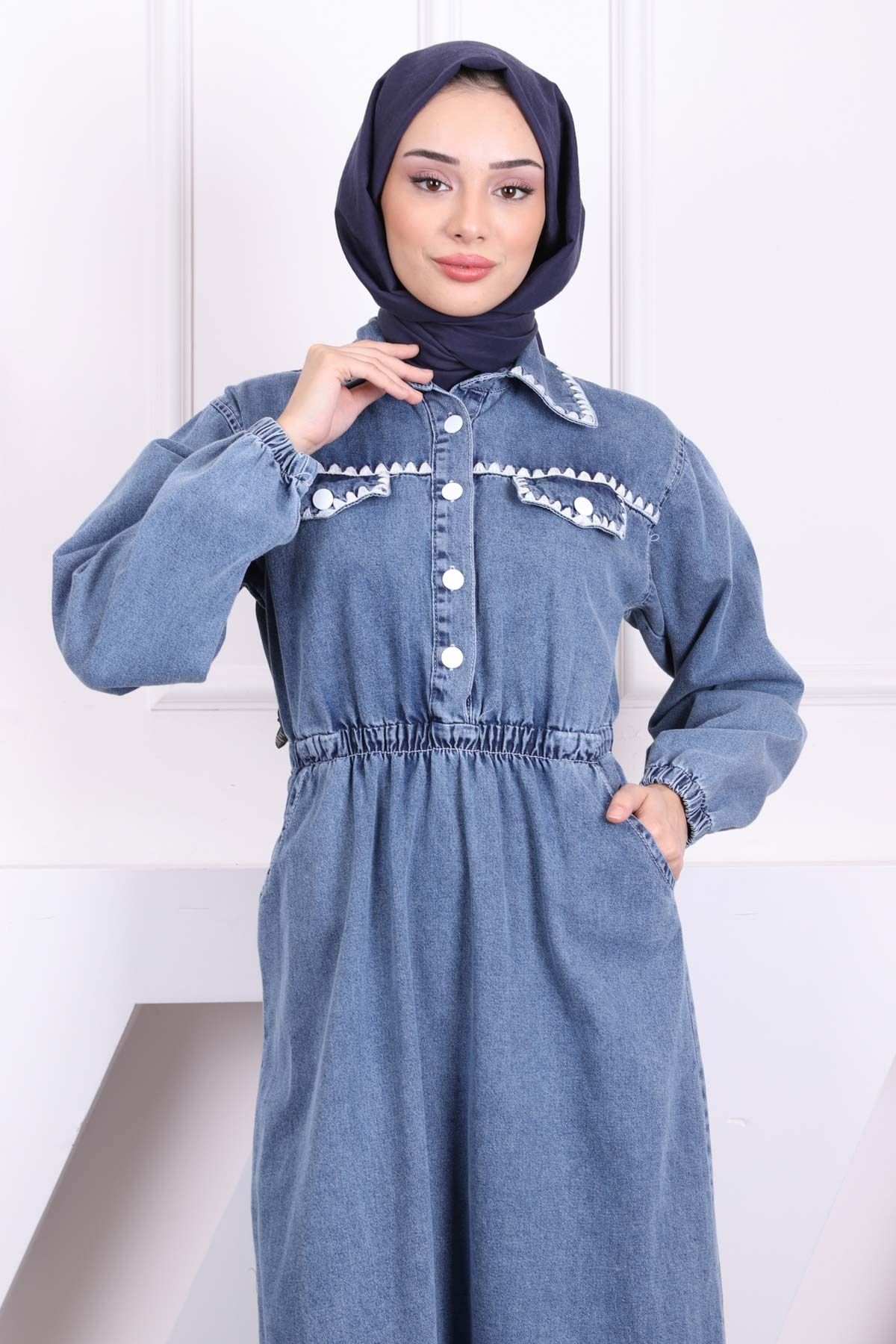 İmajButik-Blue Embroidered Pocket Denim Dress 3