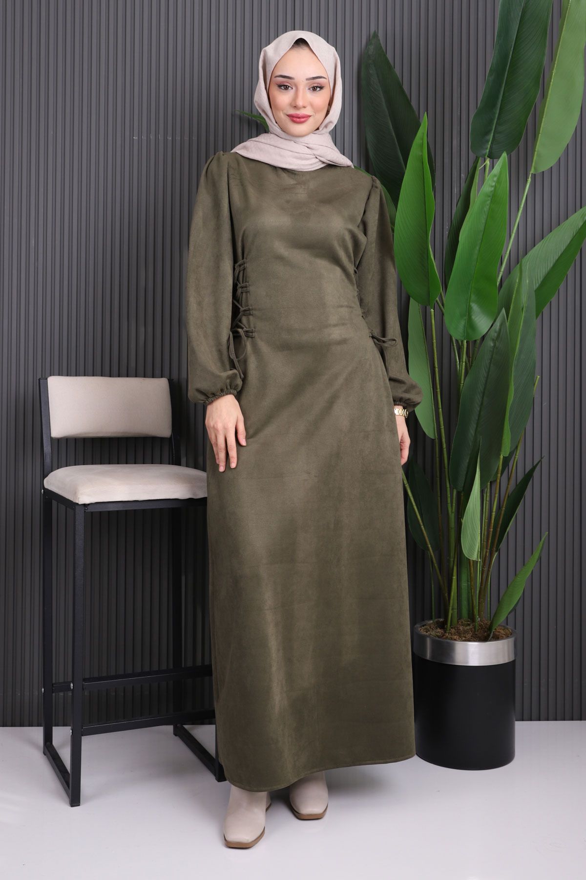 İmajButik-Khaki Side Tie Suede Dress 1