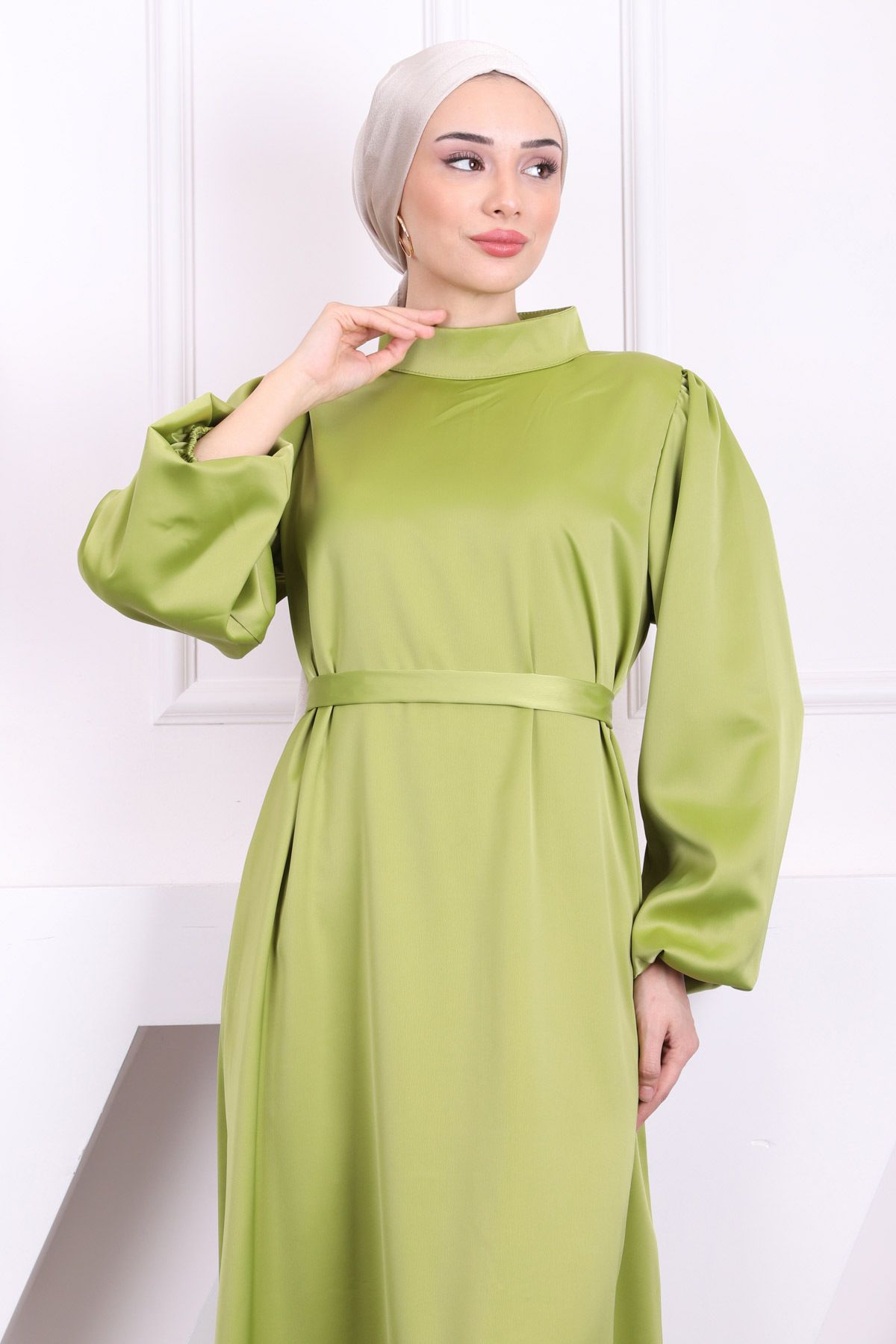 İmajButik-Oil Green Prevailing Neckline Balloon Sleeve Satin Evening Dress 3