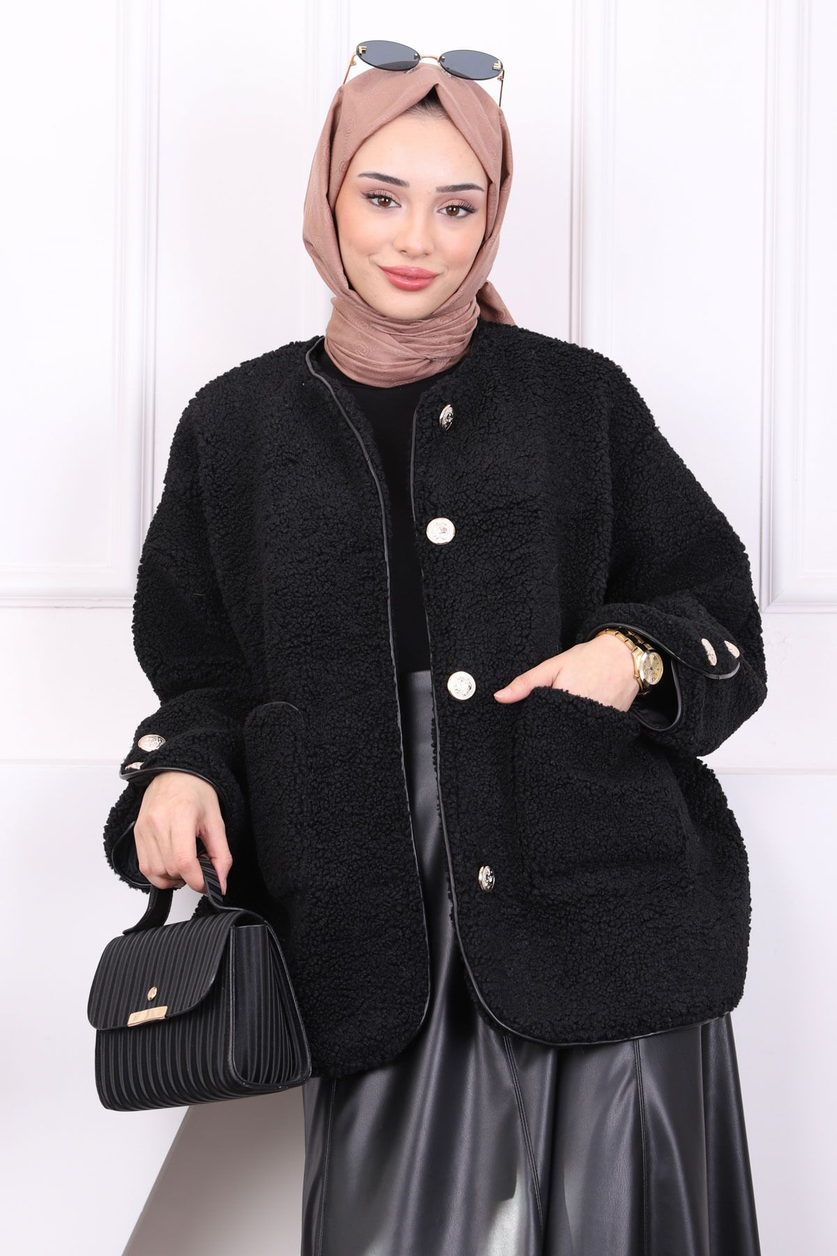 İmajButik-Black Pocketed Buttoned Plush Jacket 4