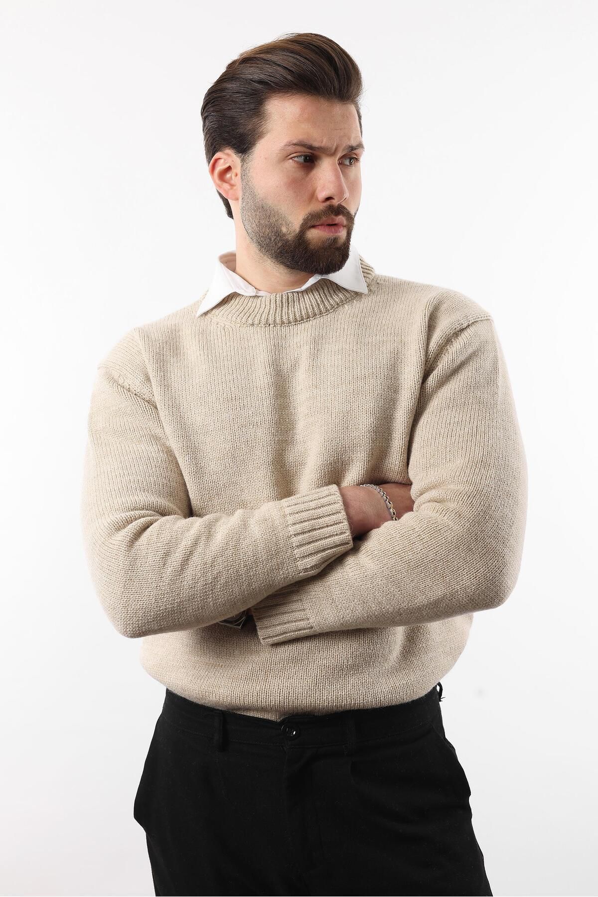 Madmext-Beige Crew Neck Overfit Men's Knitwear Sweater E7402 8