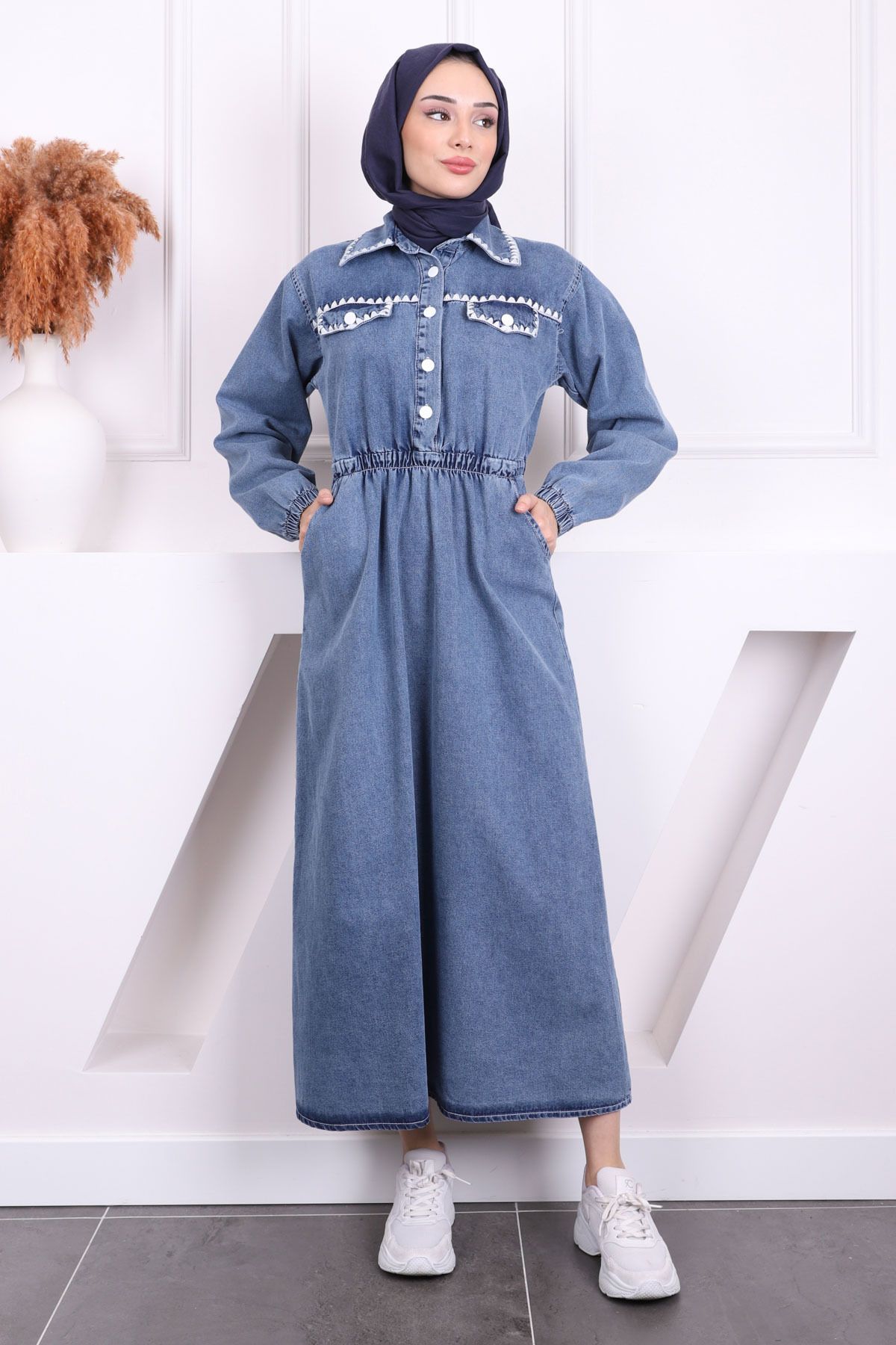 İmajButik-Blue Embroidered Pocket Denim Dress 2