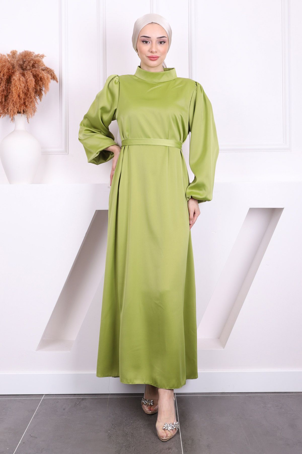 İmajButik-Oil Green Prevailing Neckline Balloon Sleeve Satin Evening Dress 2