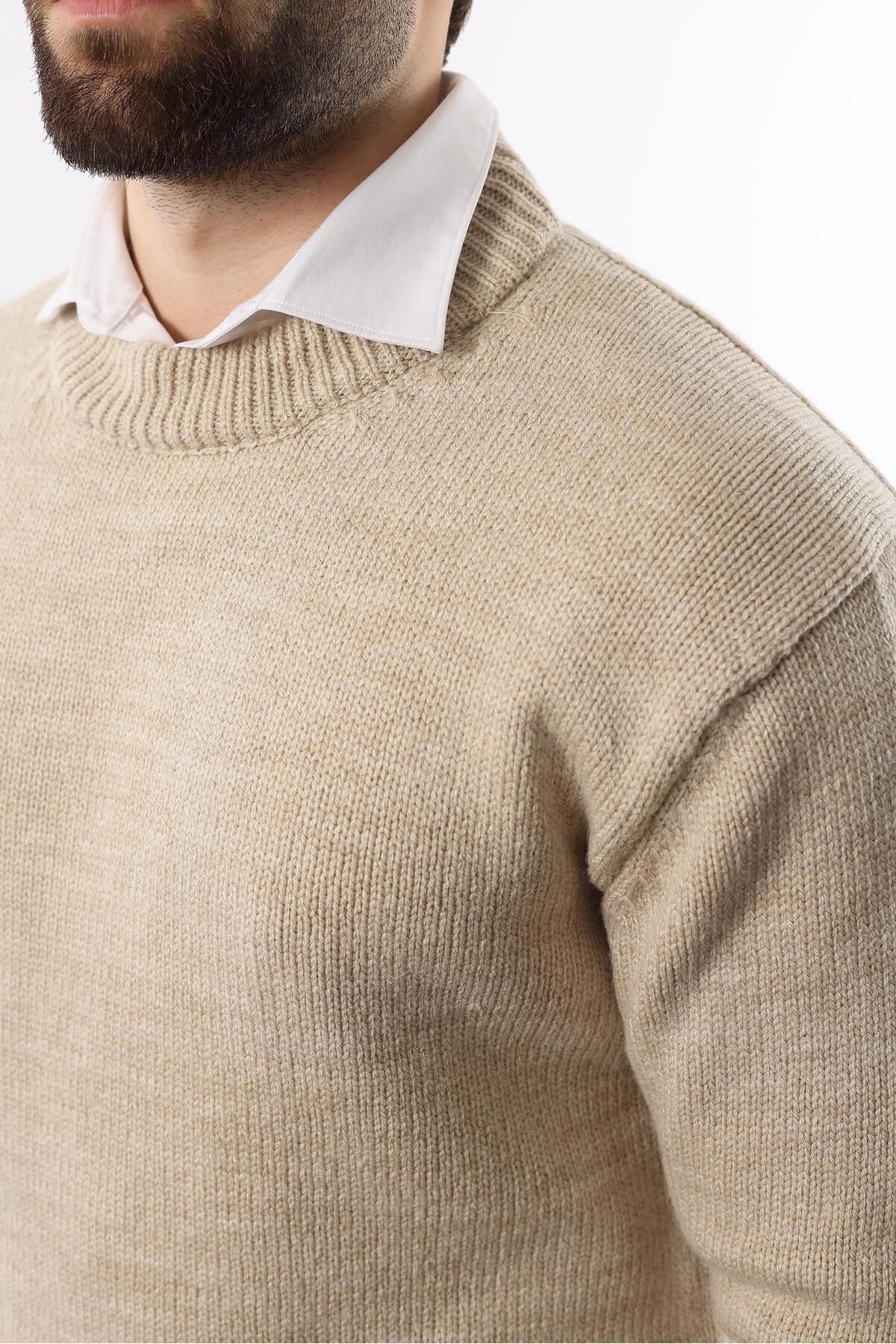 Madmext-Beige Crew Neck Overfit Men's Knitwear Sweater E7402 6