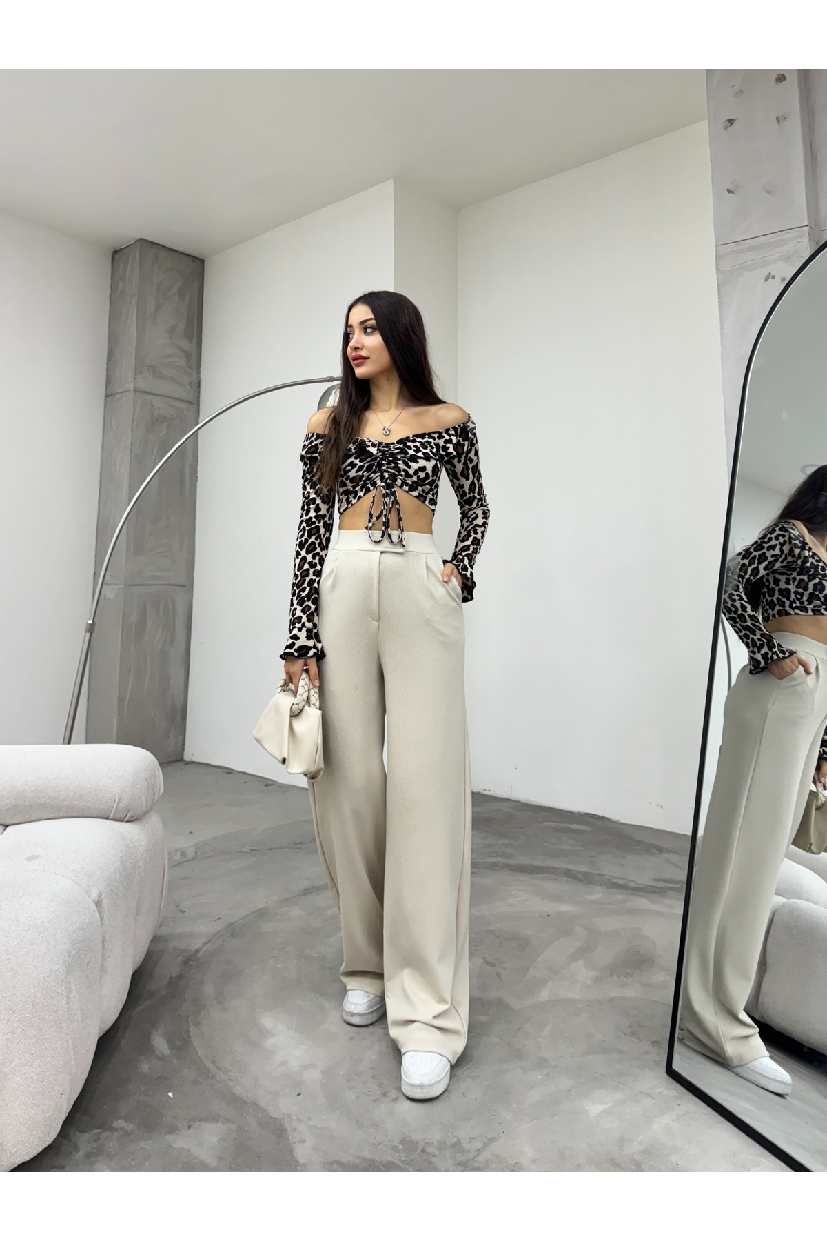 Kadın Likralı Cırt Kapama Palazzo Geniş Paça Pantolon Taş 6