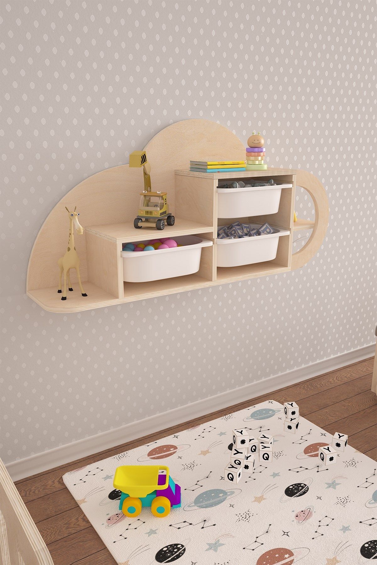 Cloud Montessori Çok Amaçlı 3 Mini Beyaz Sepetli Bulut Duvar Rafı