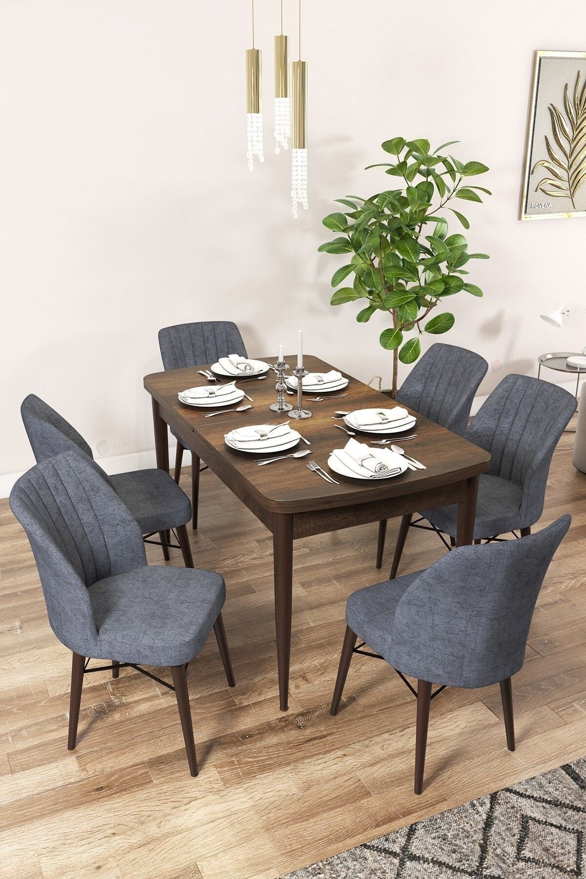Vien Barok Desen 80x132 Mdf Açılabilir Mutfak Masası Takımı 6 Adet Sandalye