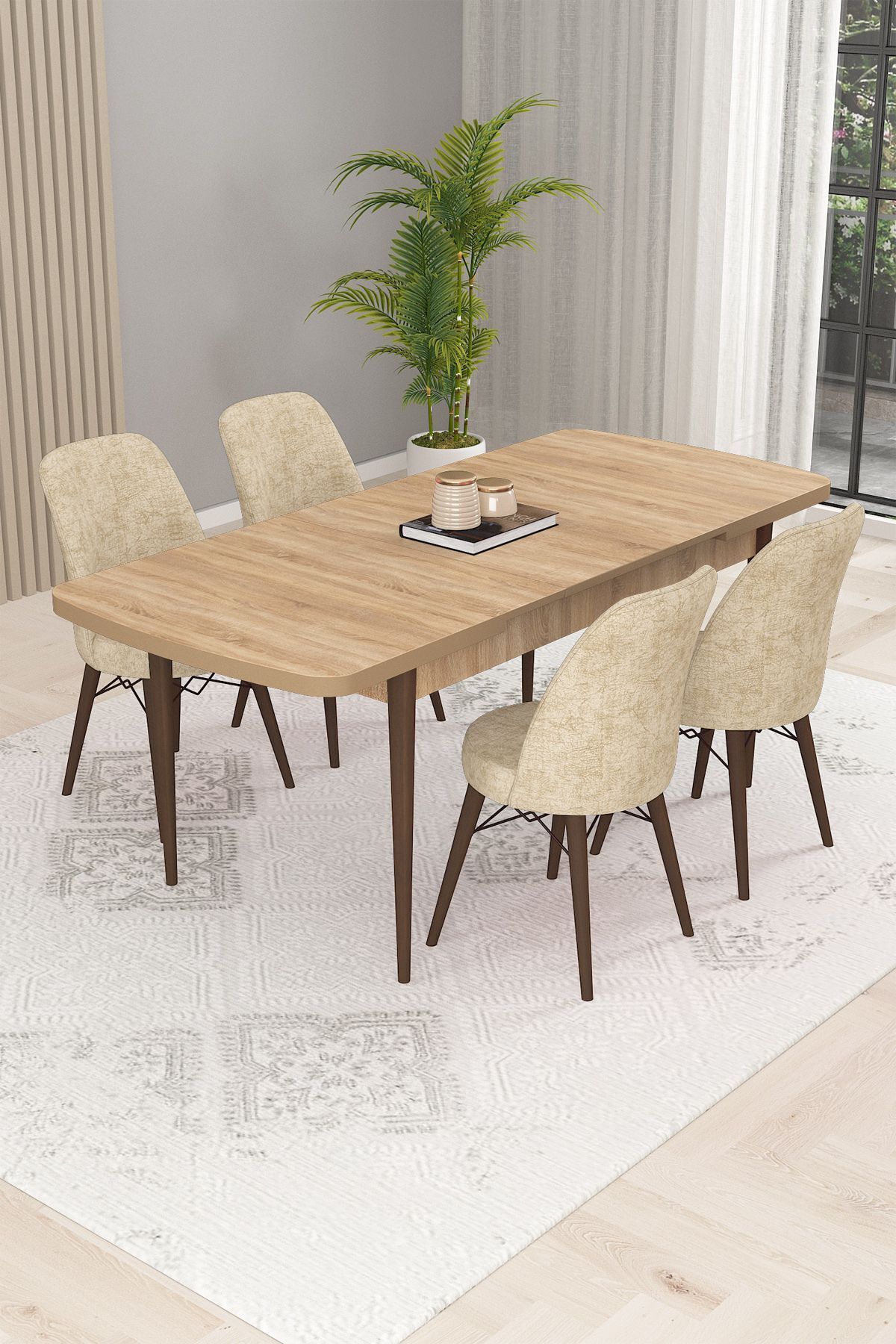 Taf Meşe 4 Kişilik Mutfak ve Salon Yemek Masası Takımı (AÇILABİLİR)-1