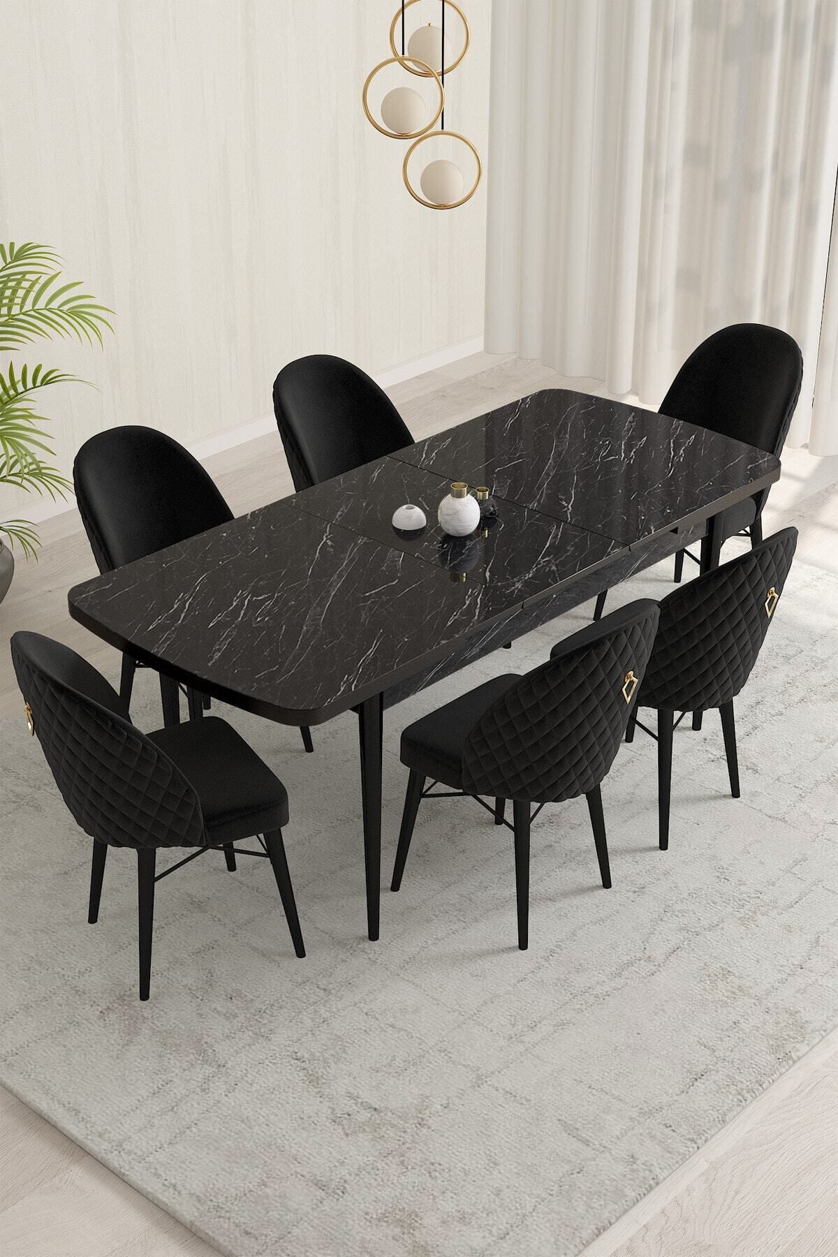 violeta Siyah Mermer Desen 80x132 Mdf Açılabilir Yemek Masası Takımı 6 Adet Sandalye-1
