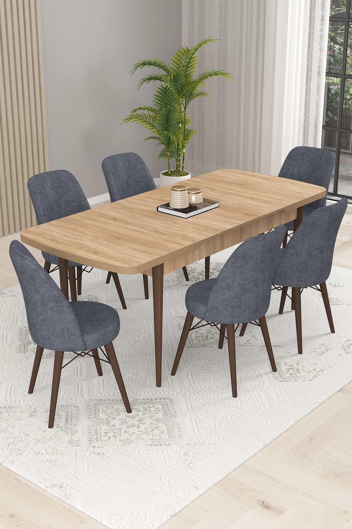 Taf Meşe 6 Kişilik Mutfak ve Salon Yemek Masası Takımı (AÇILABİLİR)-1