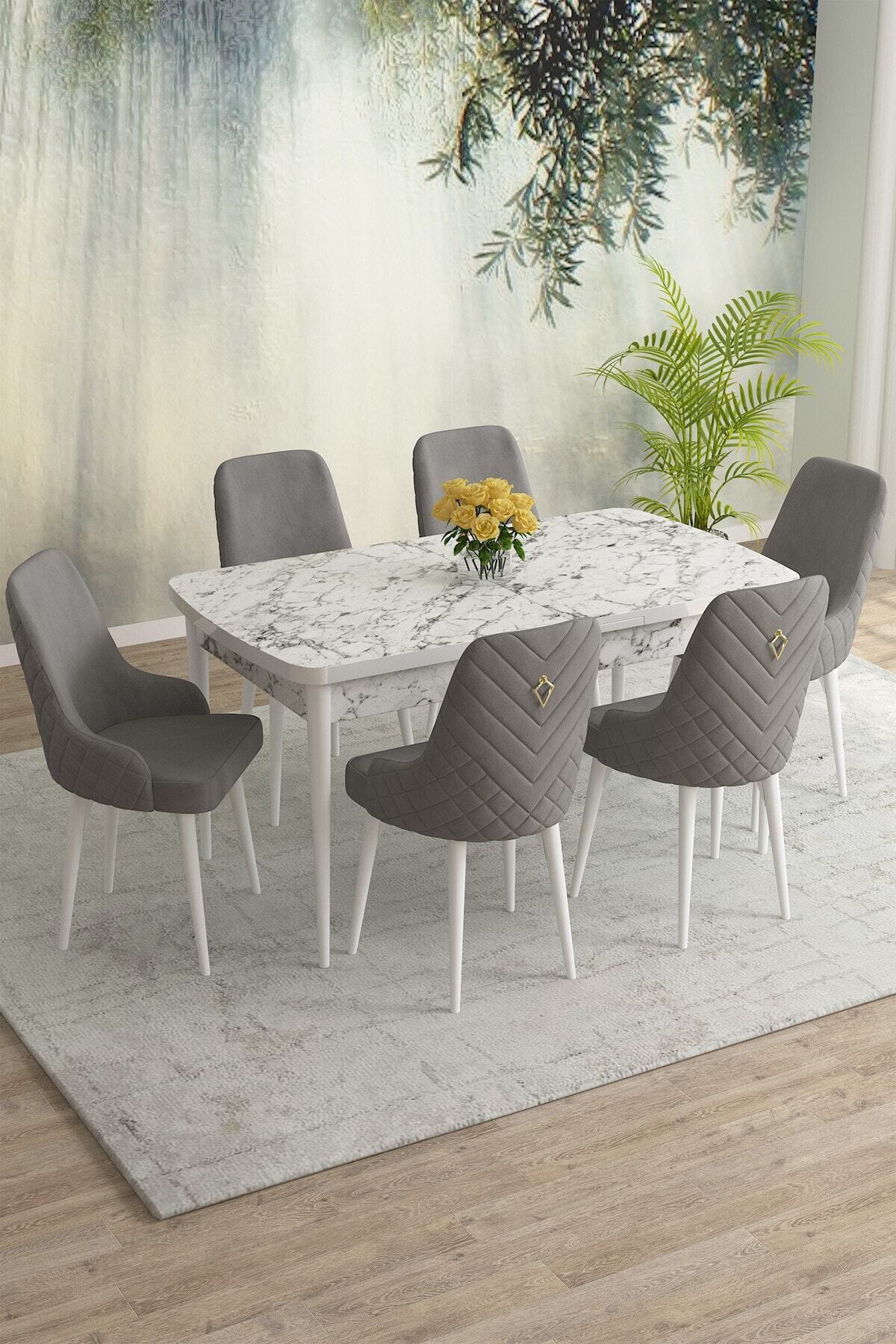 Natan Beyaz Mermer Desen 80x132 Mdf Açılabilir Yemek Masası Takımı 6 Adet Sandalye