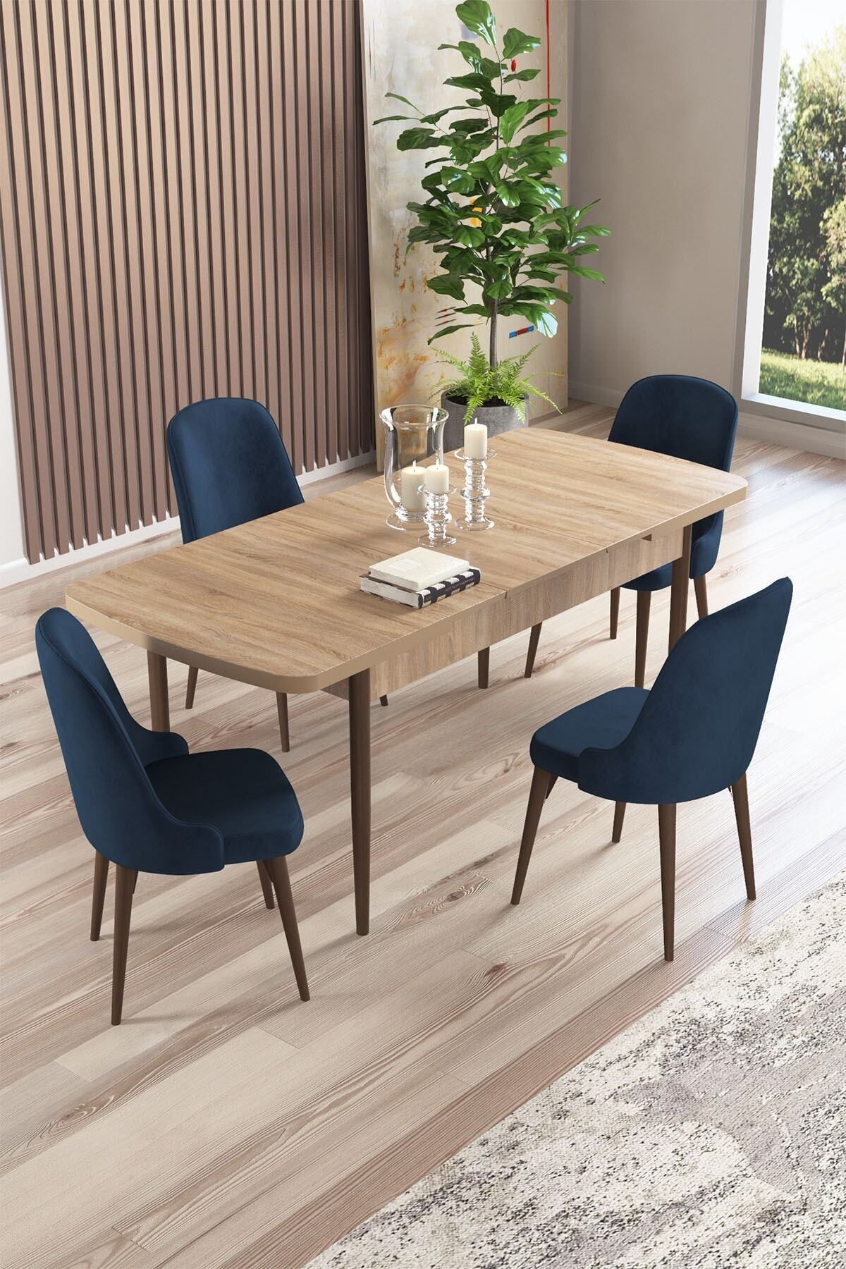 Radu Meşe Desen 80x132 Mdf Açılabilir Mutfak Masası Takımı 4 Adet Sandalye-1
