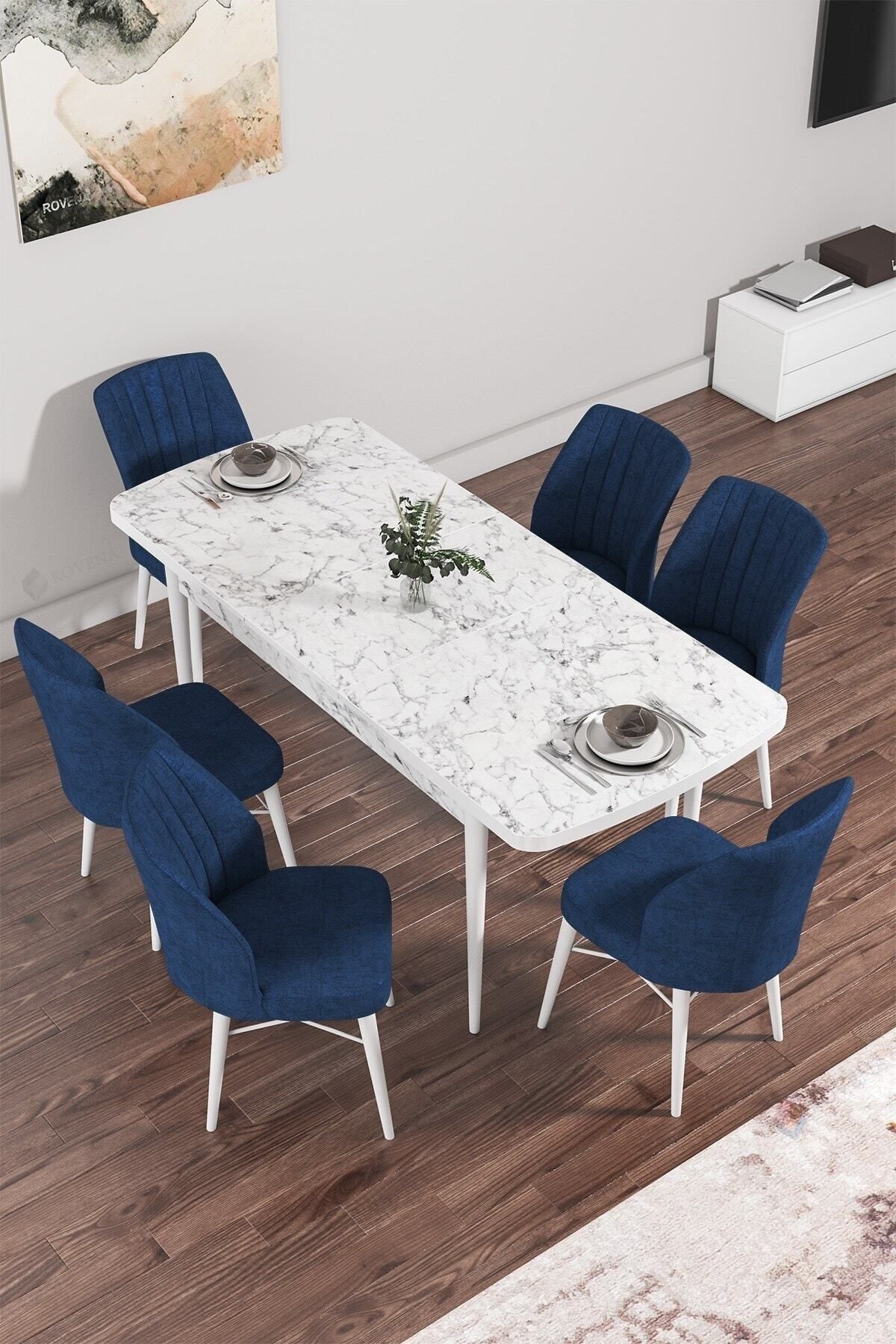 Vien Beyaz Mermer Desen 80x132 boyutunda Mdf Açılabilir Yemek Masası Takımı 6 Adet Sandalye-1