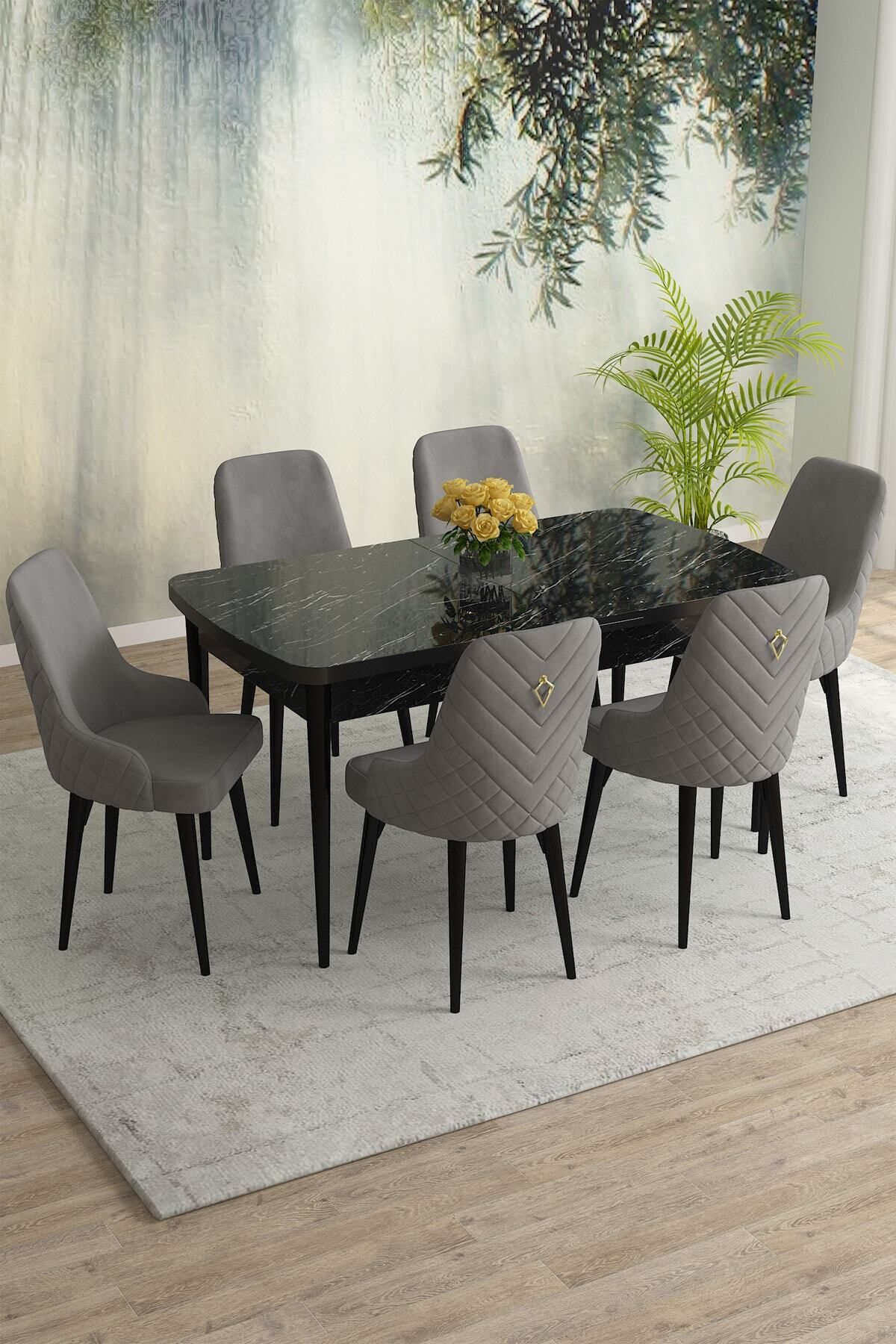 Natan Siyah Mermer Desen 80x132 Mdf Açılabilir Mutfak Masası Takımı 6 Adet Sandalye