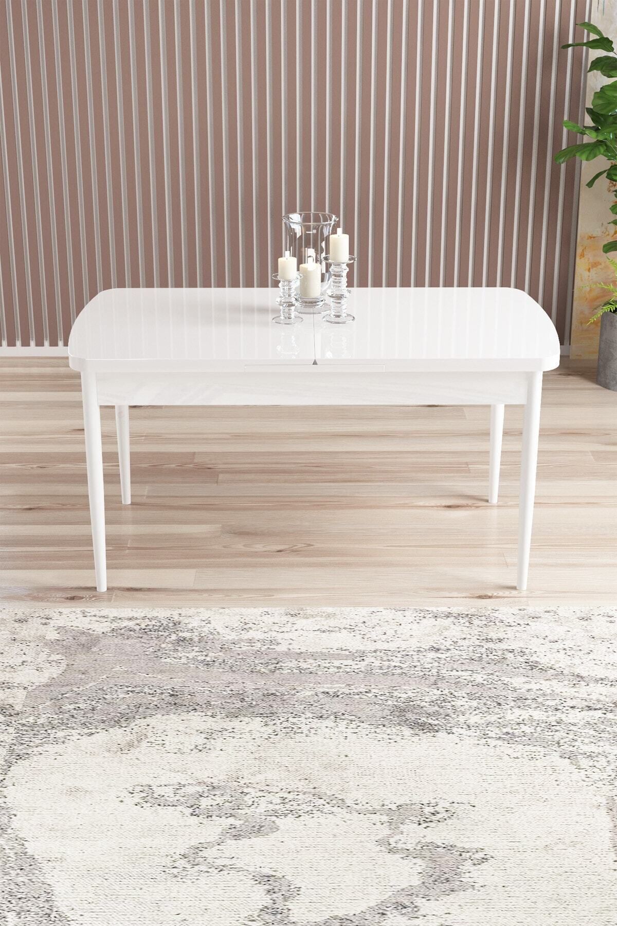 Radu Beyaz 80x132 Mdf Açılabilir Mutfak Masası Takımı 4 Sandalye, 1 Bench-2