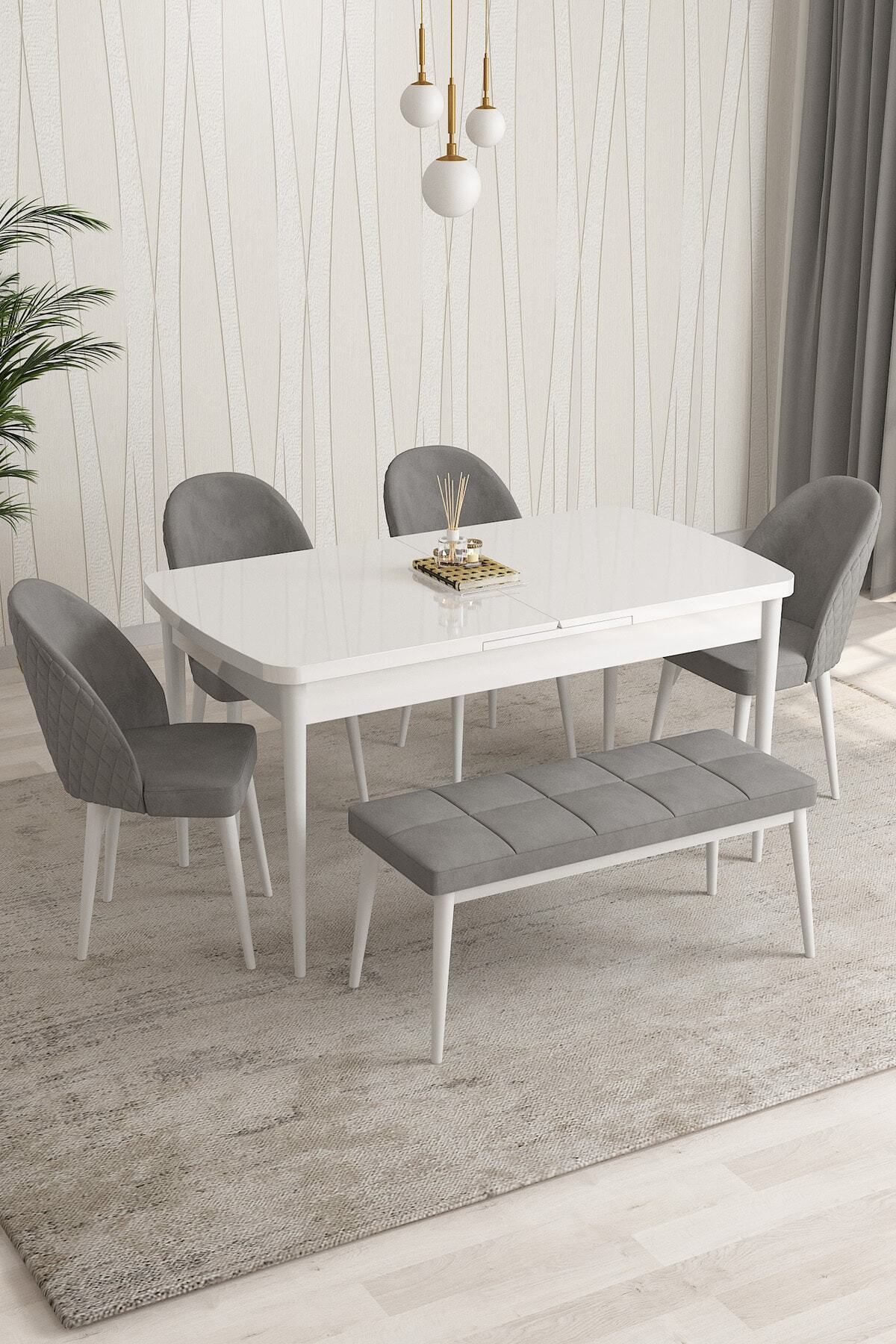 Aleksa Beyaz 80x132 Mdf Açılabilir Mutfak Masası Takımı 4 Sandalye, 1 Bench-0