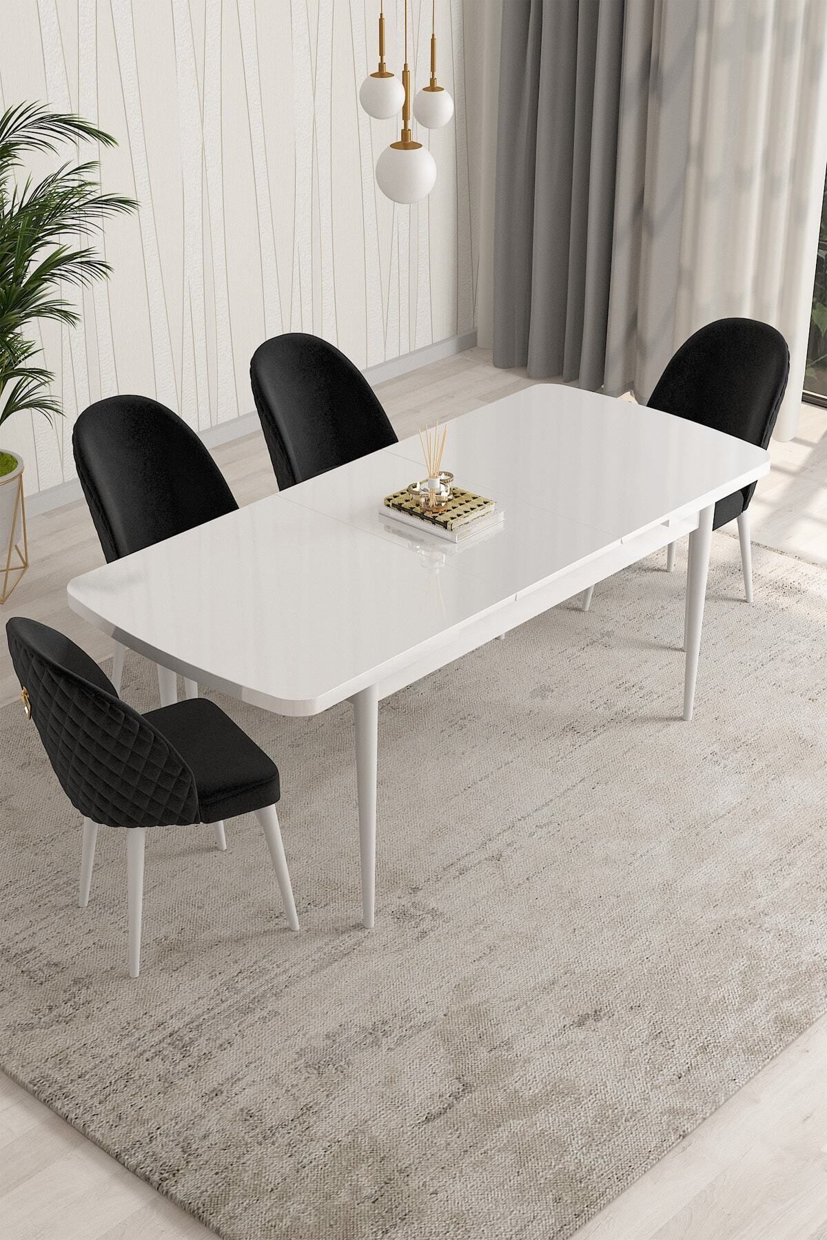 Aleksa Beyaz 80x132 Mdf Açılabilir Mutfak Masası Takımı 4 Adet Sandalye-1