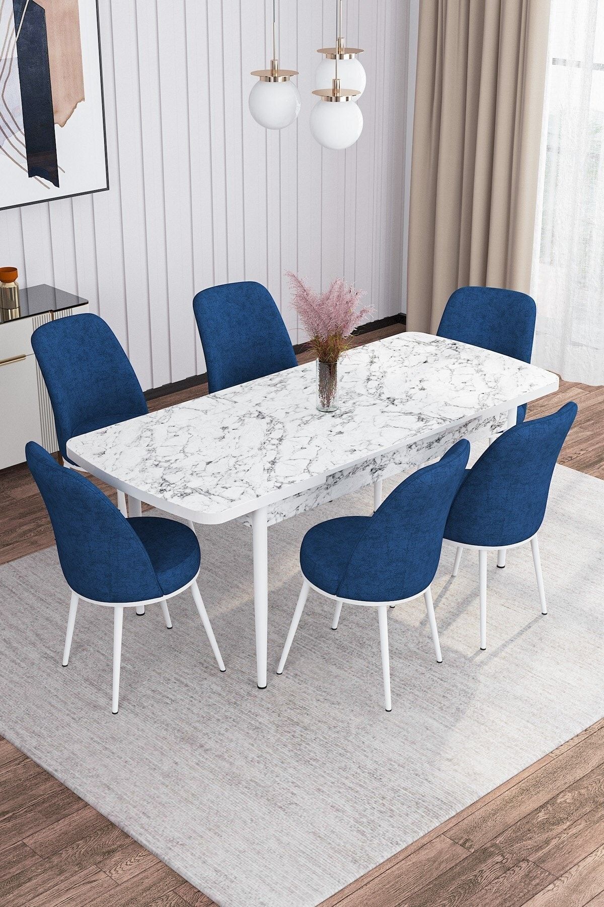 Guste Beyaz Mermer Desen 80x132 Açılabilir Mutfak Masası Takımı 6 Adet Sandalye-1