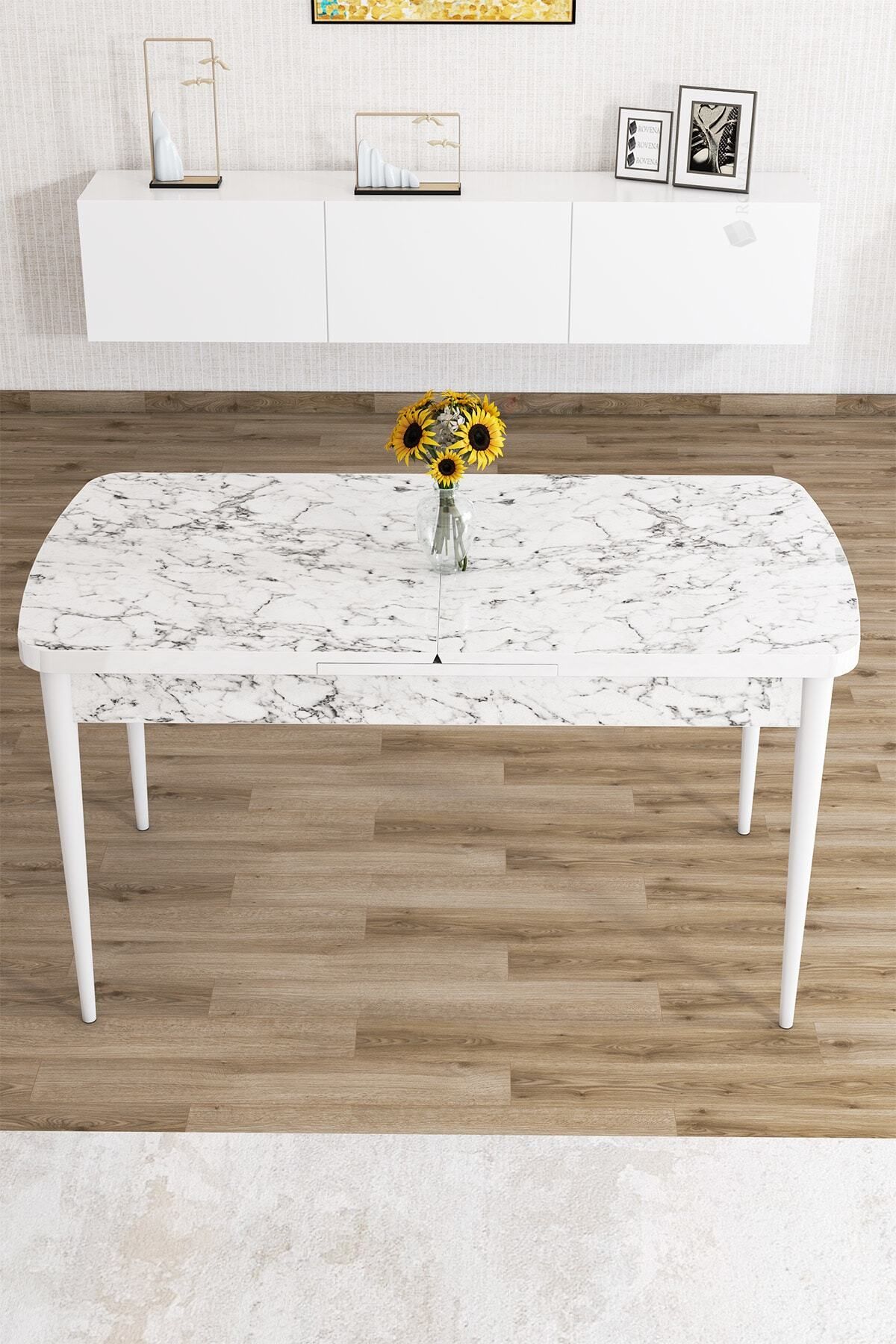Molis Beyaz Mermer Desen 80x132 Mdf Açılabilir Mutfak Masası Takımı 4 Adet Sandalye-2