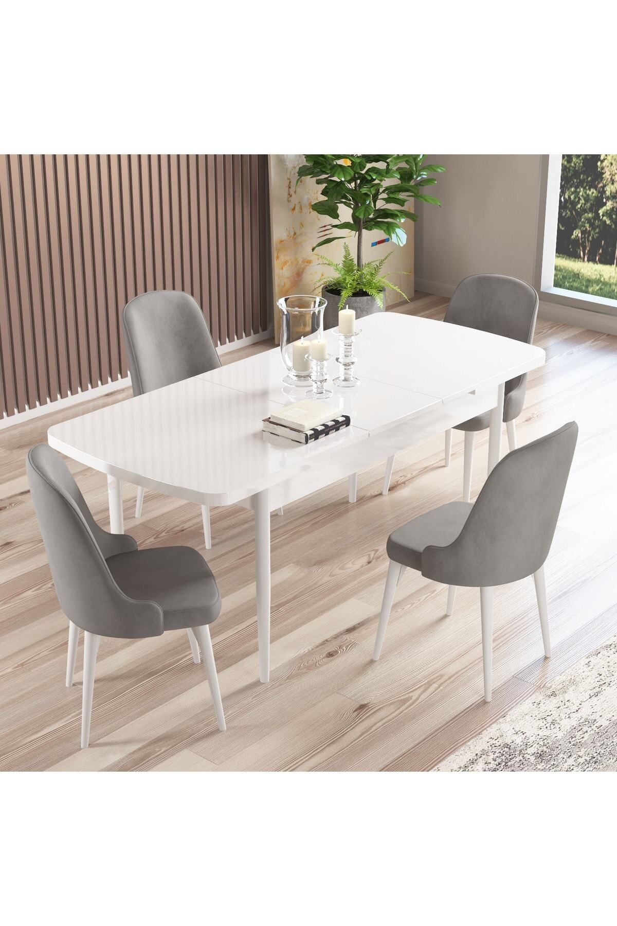 Radu Beyaz 80x132 Mdf Açılabilir Mutfak Masası Takımı 4 Adet Sandalye-1