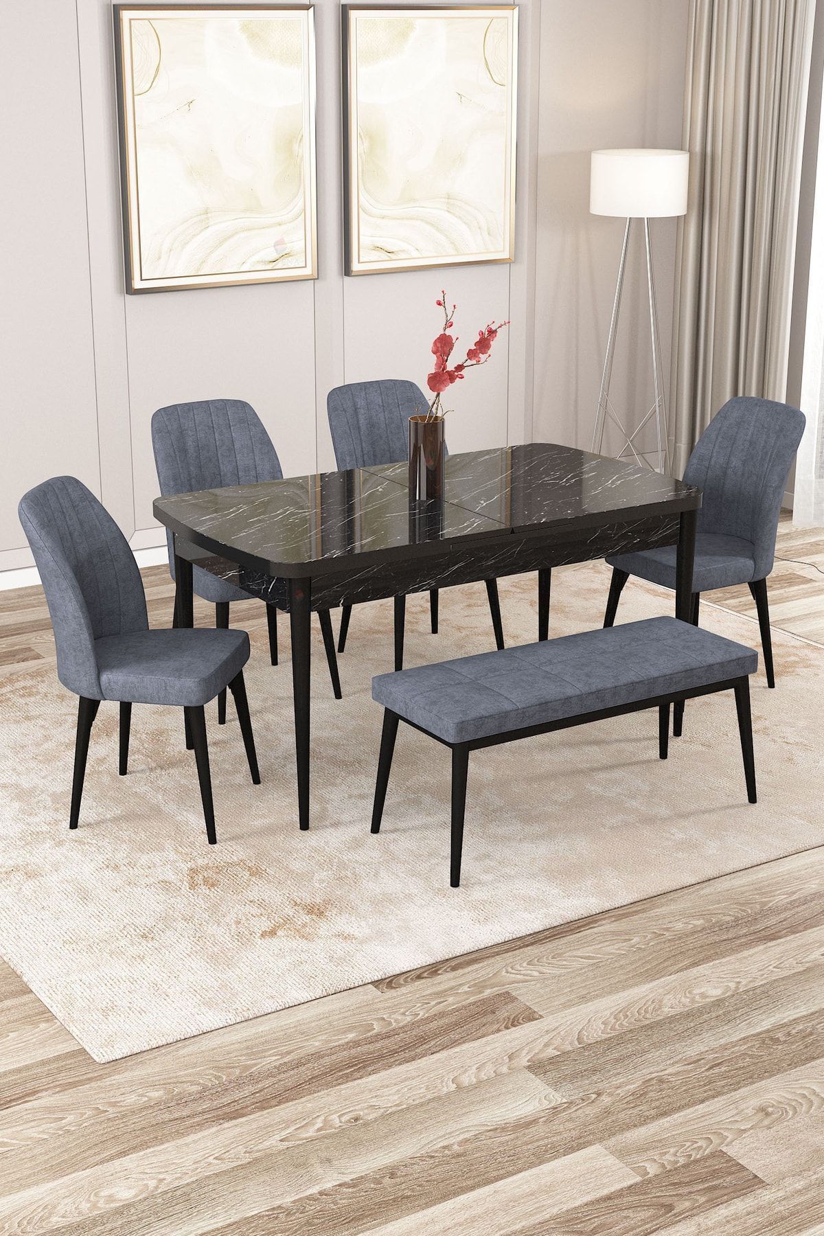 Molis Siyah Mermer Desen 80x132 Mdf Açılabilir Mutfak Masası Takımı 4 Sandalye, 1 Bench