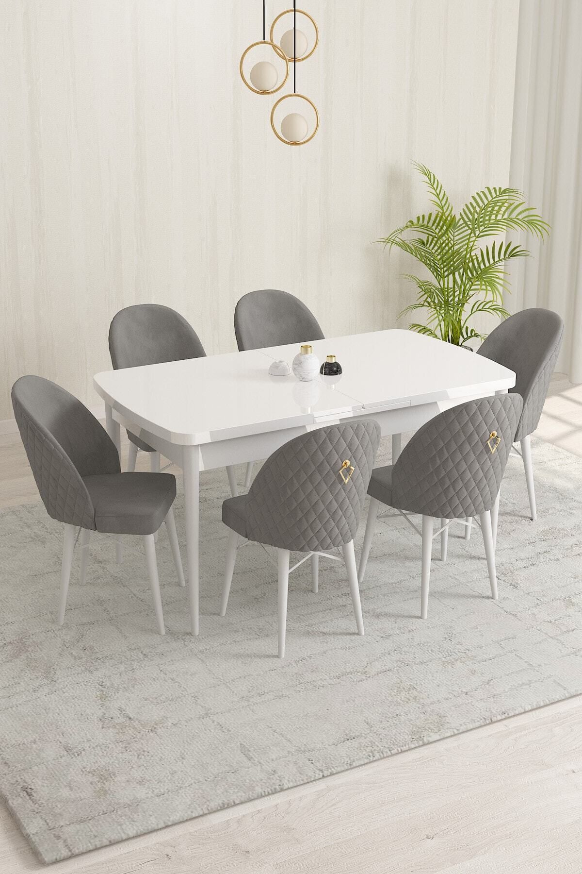 violeta Beyaz 80x132 Mdf Açılabilir Mutfak Masası Takımı 6 Adet Sandalye-0