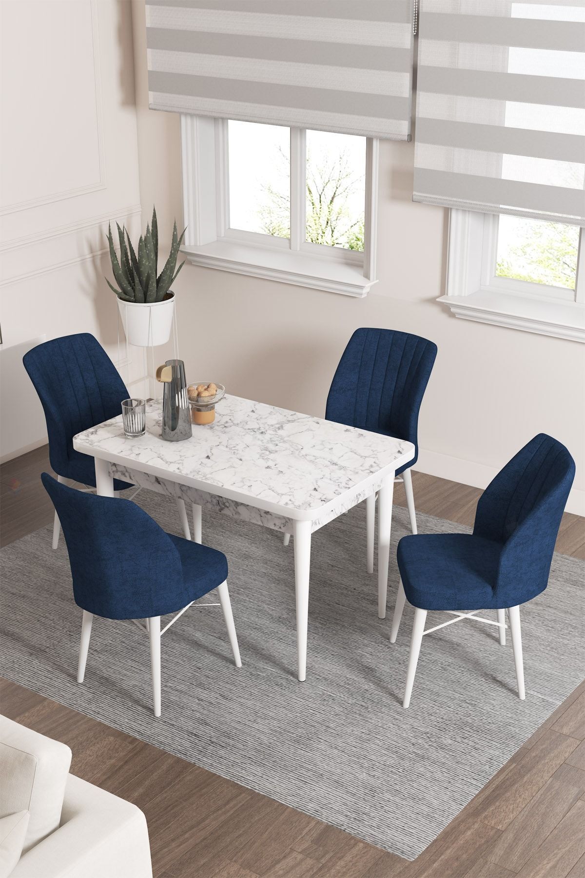 Rima Beyaz Mermer Desen 70x110 Mdf Sabit Mutfak Masası Takımı 4 Adet Sandalye-0