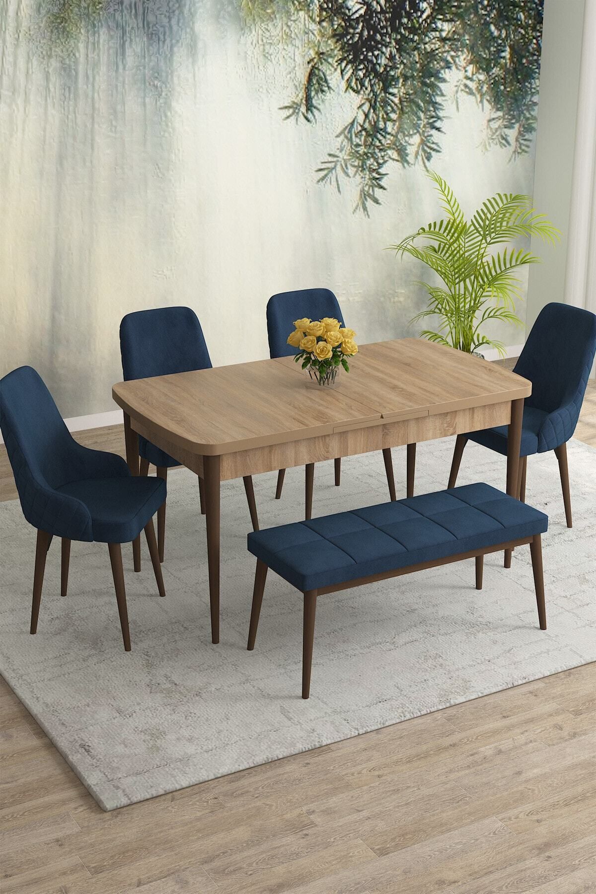 Natan Meşe Desen 80x132 Mdf Açılabilir Mutfak Masası Takımı 4 Sandalye, 1 Bench-0