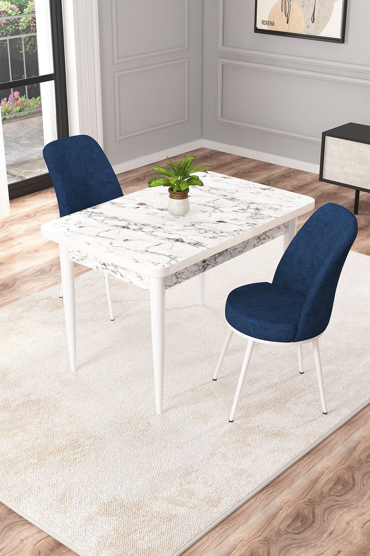 Ema Beyaz Mermer Desen 70x110 Mdf Sabit Mutfak Masası Takımı 2 Adet Sandalye-0