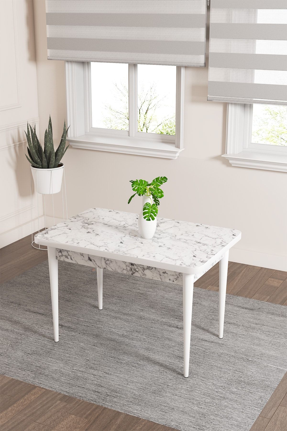 Ema Beyaz Mermer Desen 70x110 Mdf Sabit Mutfak Masası Takımı 2 Adet Sandalye-1