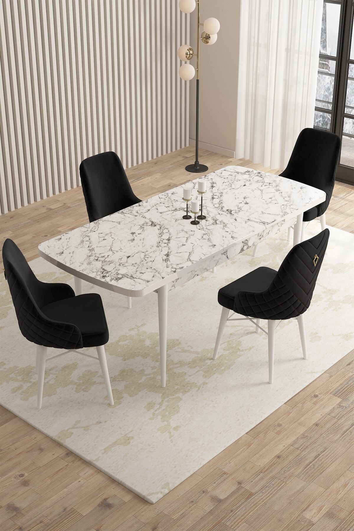 Laura Beyaz Mermer Desen 80x132 Mdf Açılabilir Mutfak Masası Takımı 4 Adet Sandalye-1
