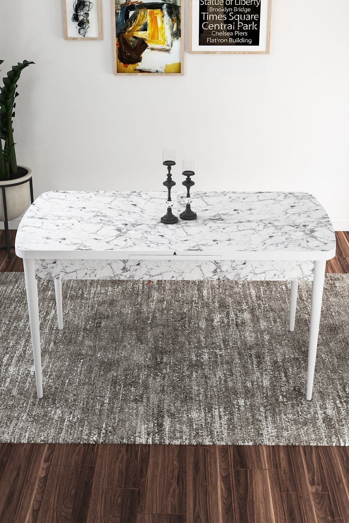 Diana Beyaz Mermer Desen 80x132 Açılabilir Mdf Yemek Masası Takımı 6 Adet Sandalye-2