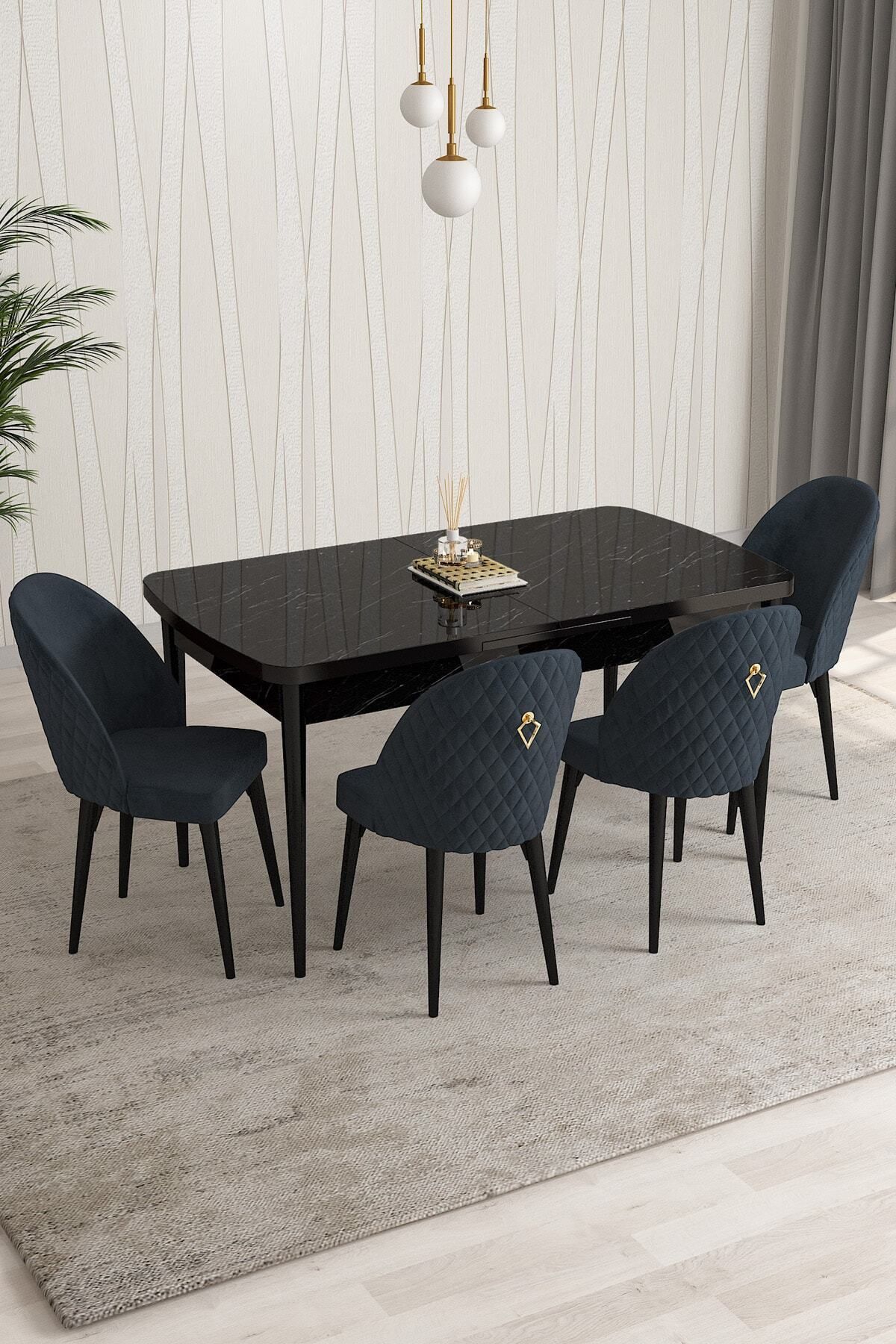 Aleksa Siyah Mermer Desen 80x132 Mdf Açılabilir Mutfak Masası Takımı 4 Adet Sandalye