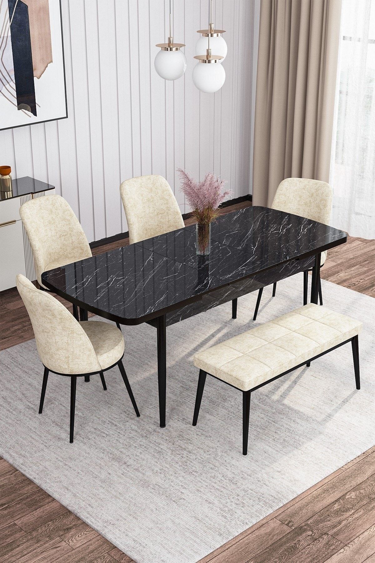 Tora Siyah Mermer Desen 80x132 Mdf Açılabilir Yemek Masası Takımı 4 Sandalye, 1 Bench-1