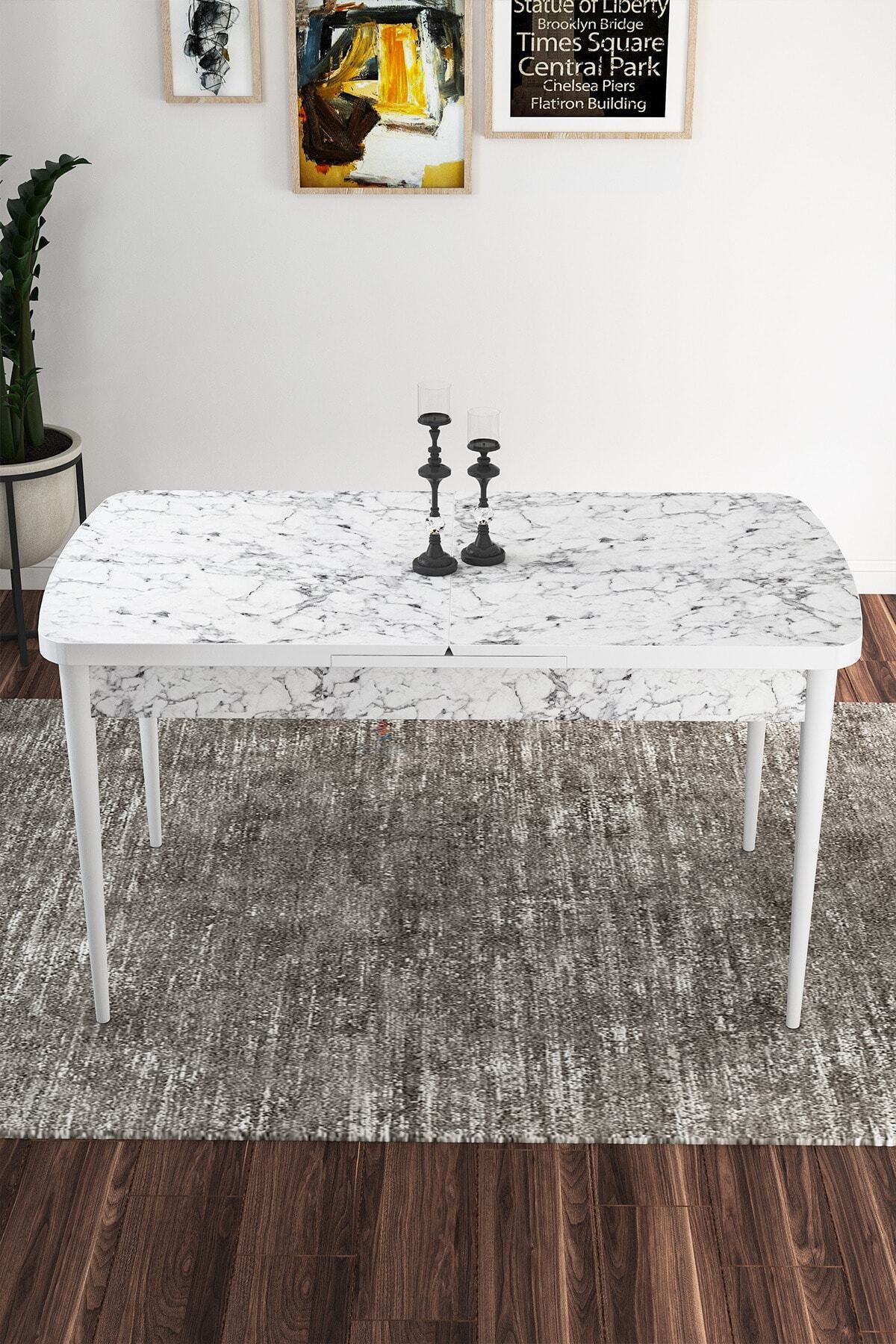 Natan Beyaz Mermer Desen 80x132 Mdf Açılabilir Yemek Masası Takımı 6 Adet Sandalye-2