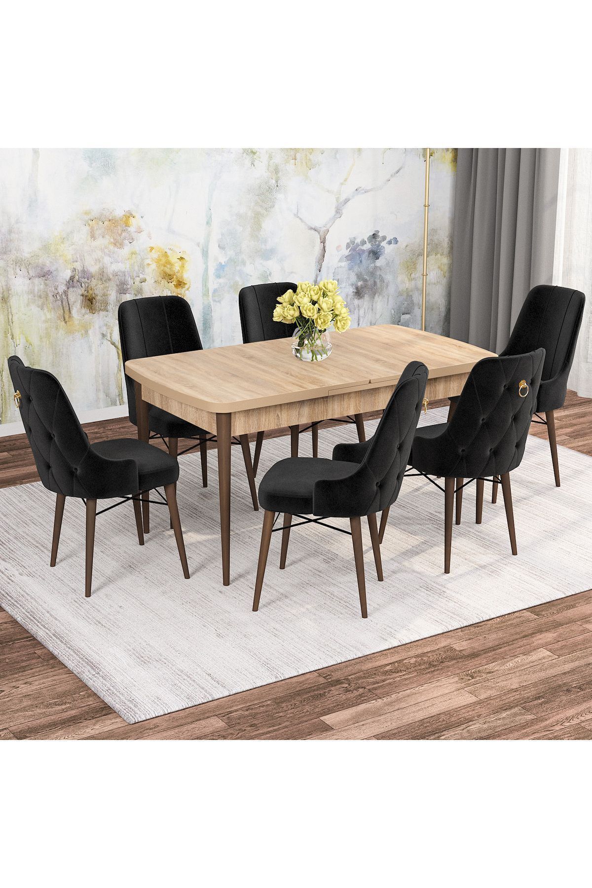 Mirka Meşe Desen 80x132 Açılabilir Mutfak Masası Takımı 6 Adet Sandalye